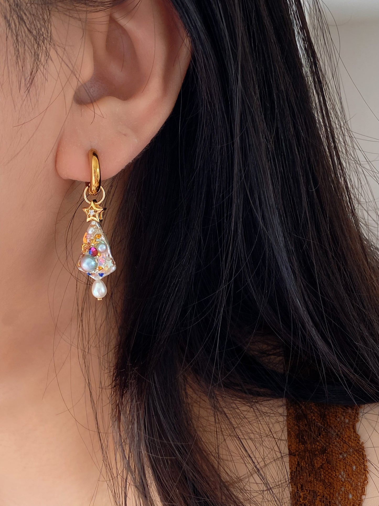 Handmade Christmas Tree Dangle Earrings | Unique Baroque Pearl Drops | Tarnish-Free Hoops