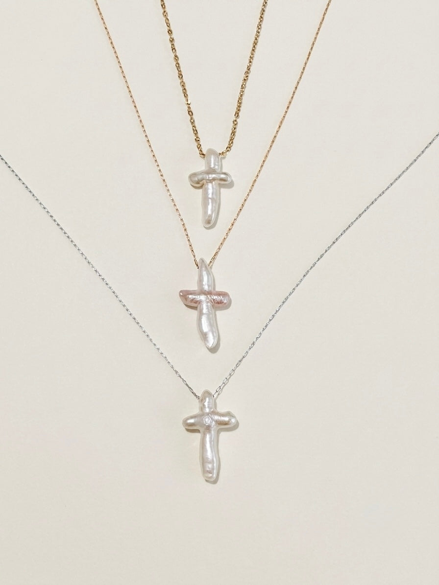 Natural Baroque Cross Pearl Pendant Necklace Elegant Gold Jewelry
