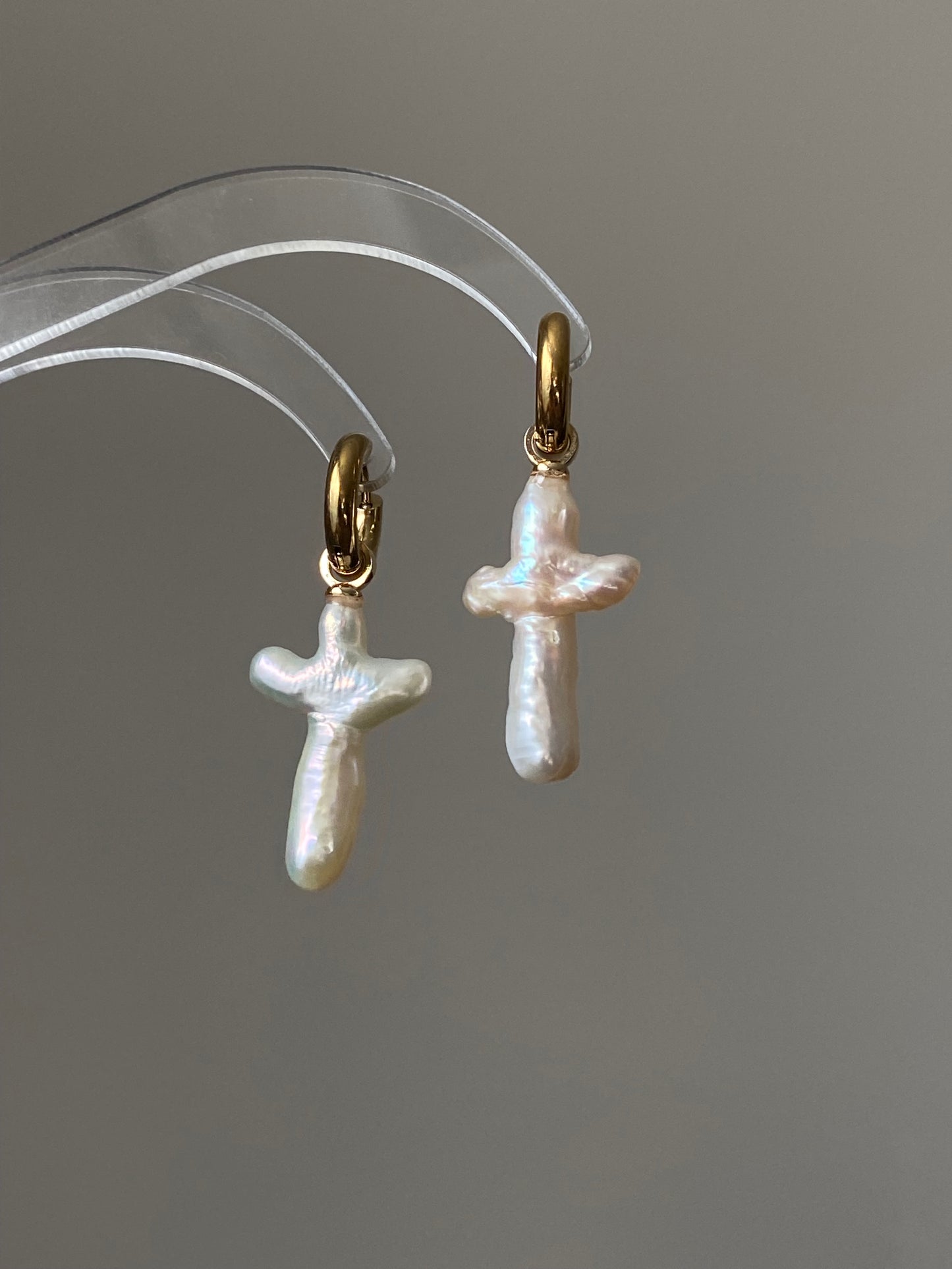 Unique Cross-Shaped Natural Baroque Pearl Earrings – Hand-woven Dangle Hoops