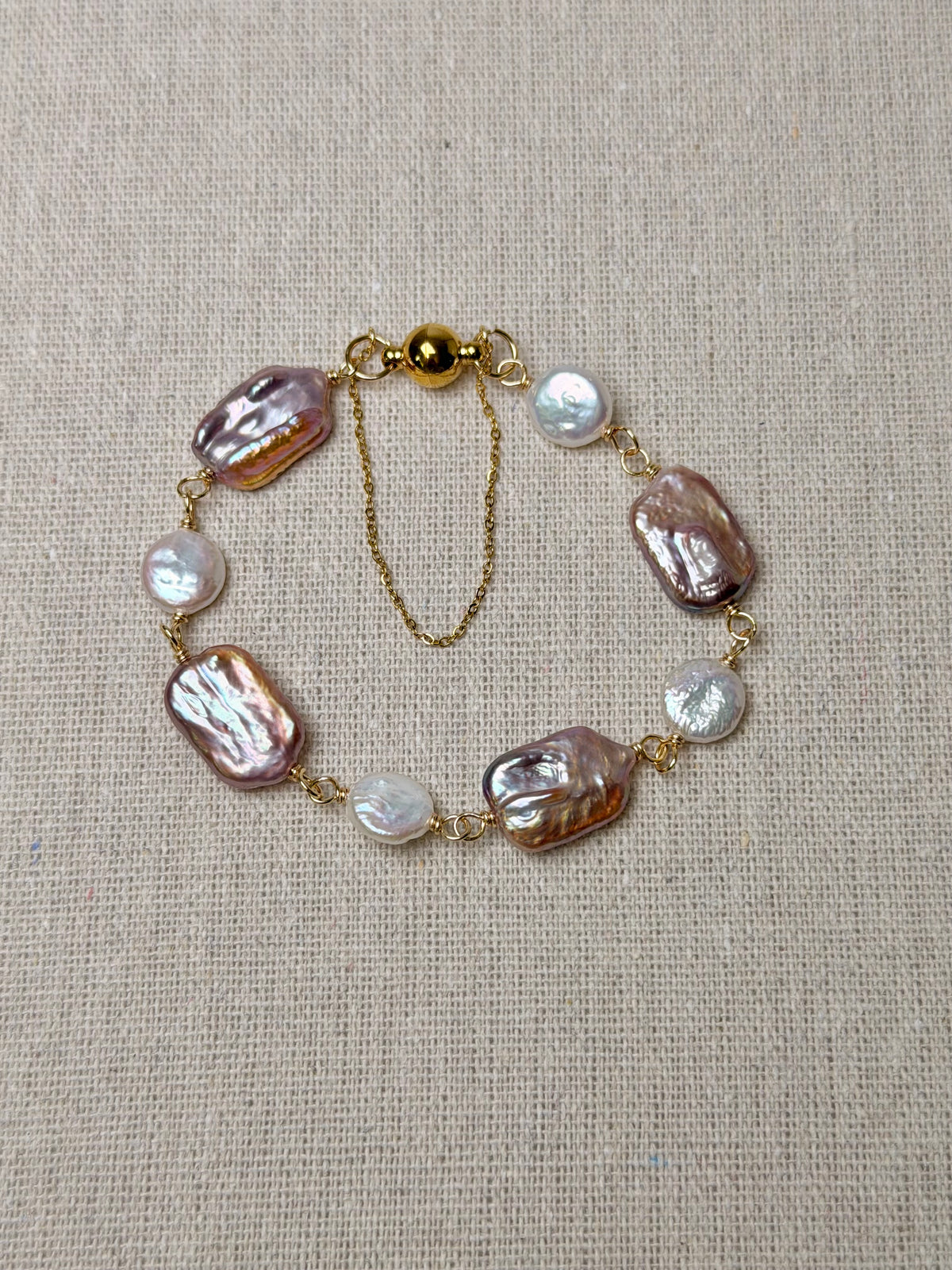 Mauve Rectangular & Coin Freshwater Pearls, Magnetic Clasp Bracelet