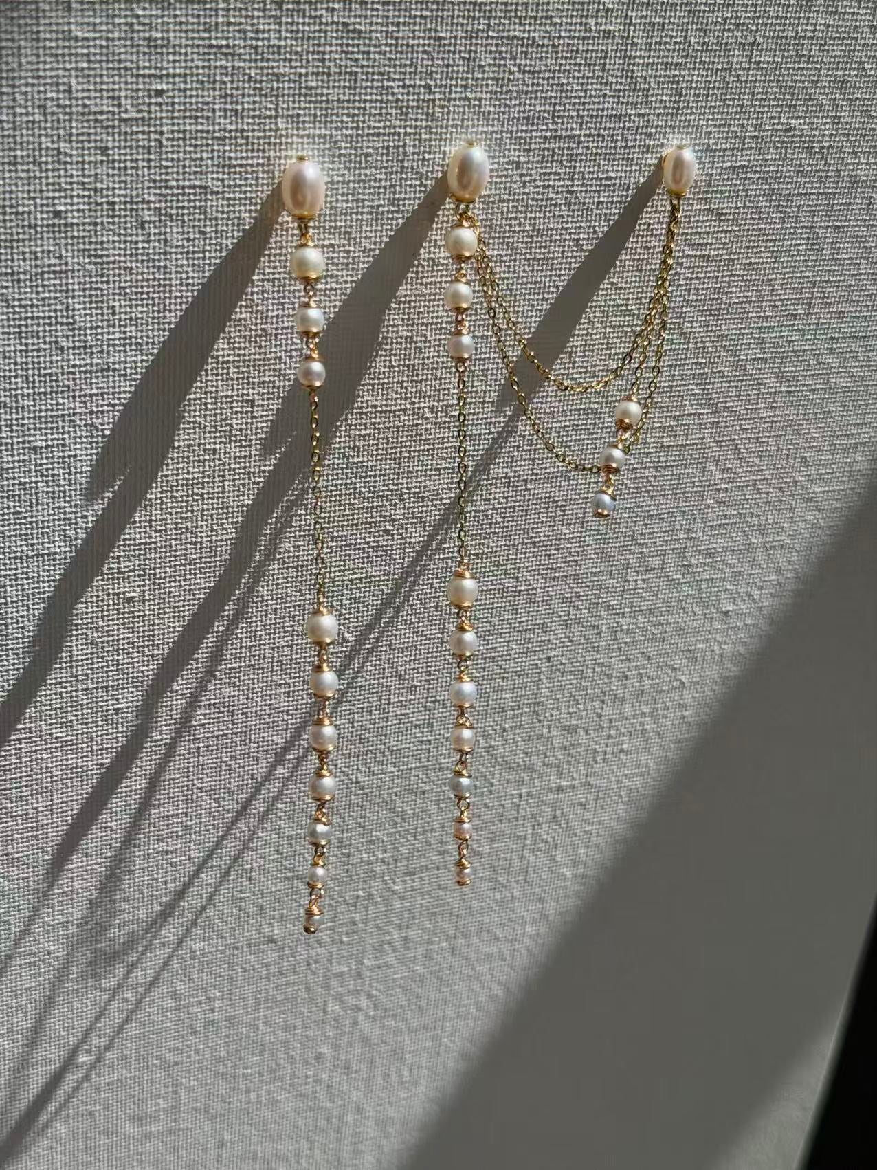 Extra Long Pearl Drop Earrings Asymmetric Gold Chain Dangles Earring