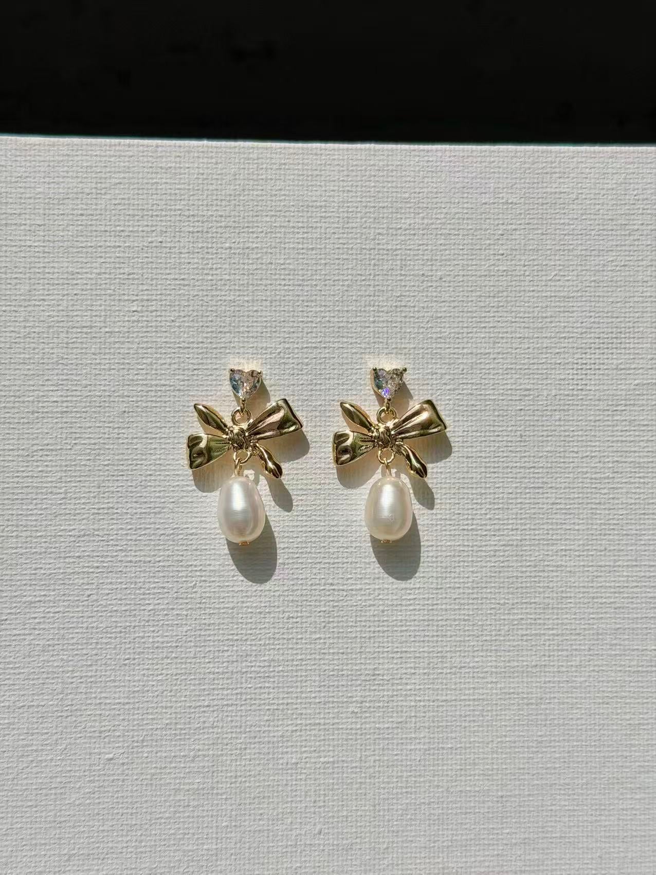 Heart Zirconia Bow Pearl Earrings Vintage Coquette Jewelry