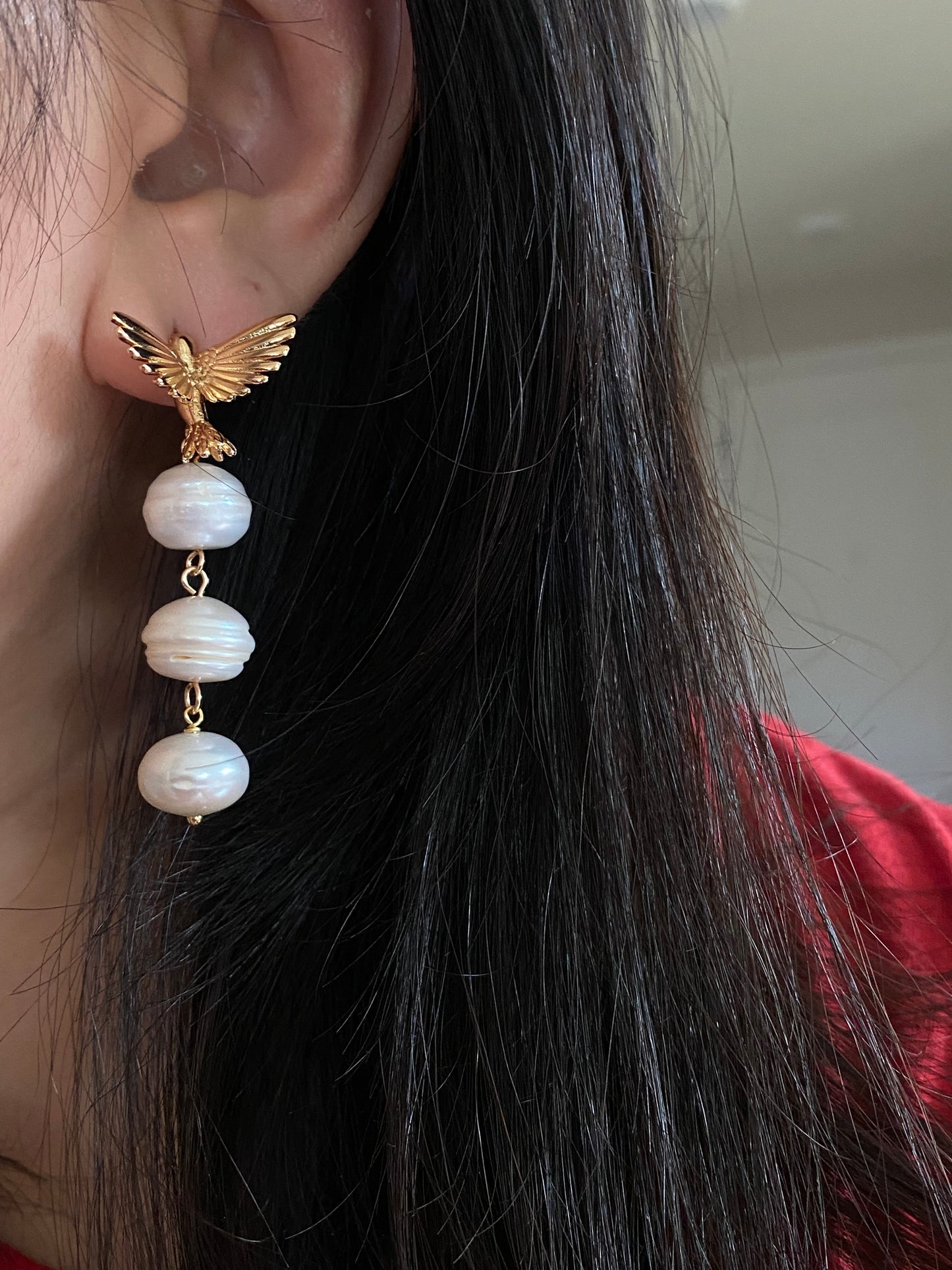 Baroque Triple Pearl Drop Earrings with Gold Hummingbird Studs – Elegant Nature-Inspired Statement Weddings Earrings