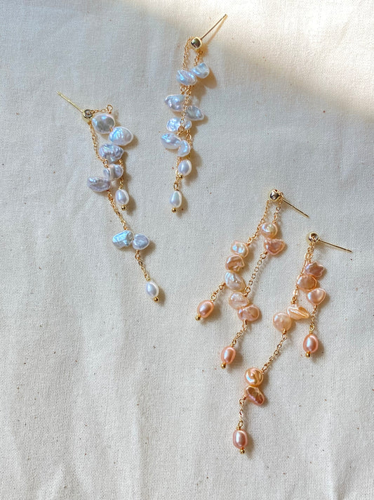 Handmade Baroque Petal Pearl Drop Earrings Adjustable Length Tassel Earrings Inspired by Wisteria Dainty romance Bridesmaid Gift for her