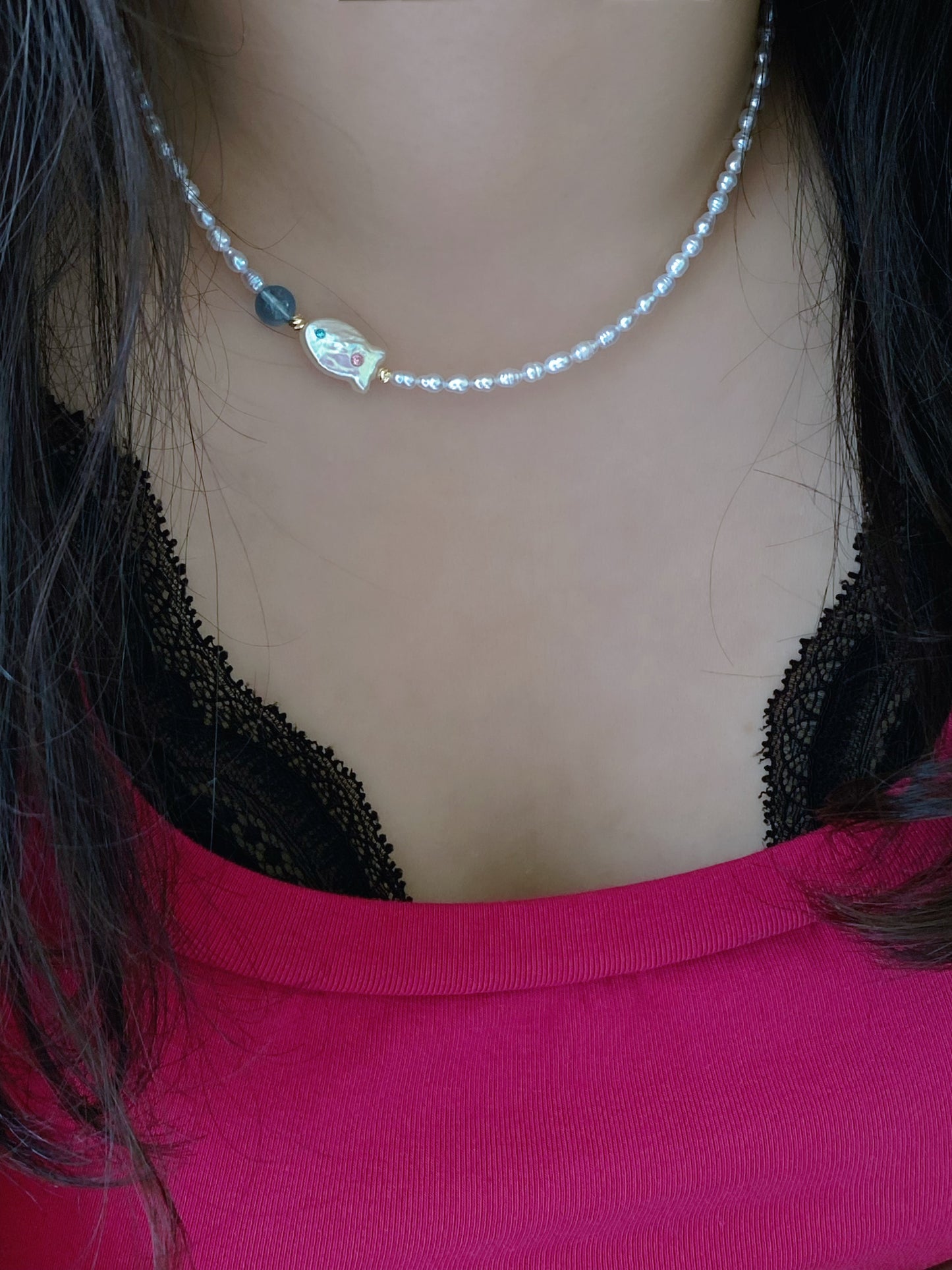 Handmade Baroque Fish Pearl Bead Chocker Necklace  Freshwater Pearl and Aquamarine Ocean Blue Necklace Bridesmaid Gift for Her birthday gift