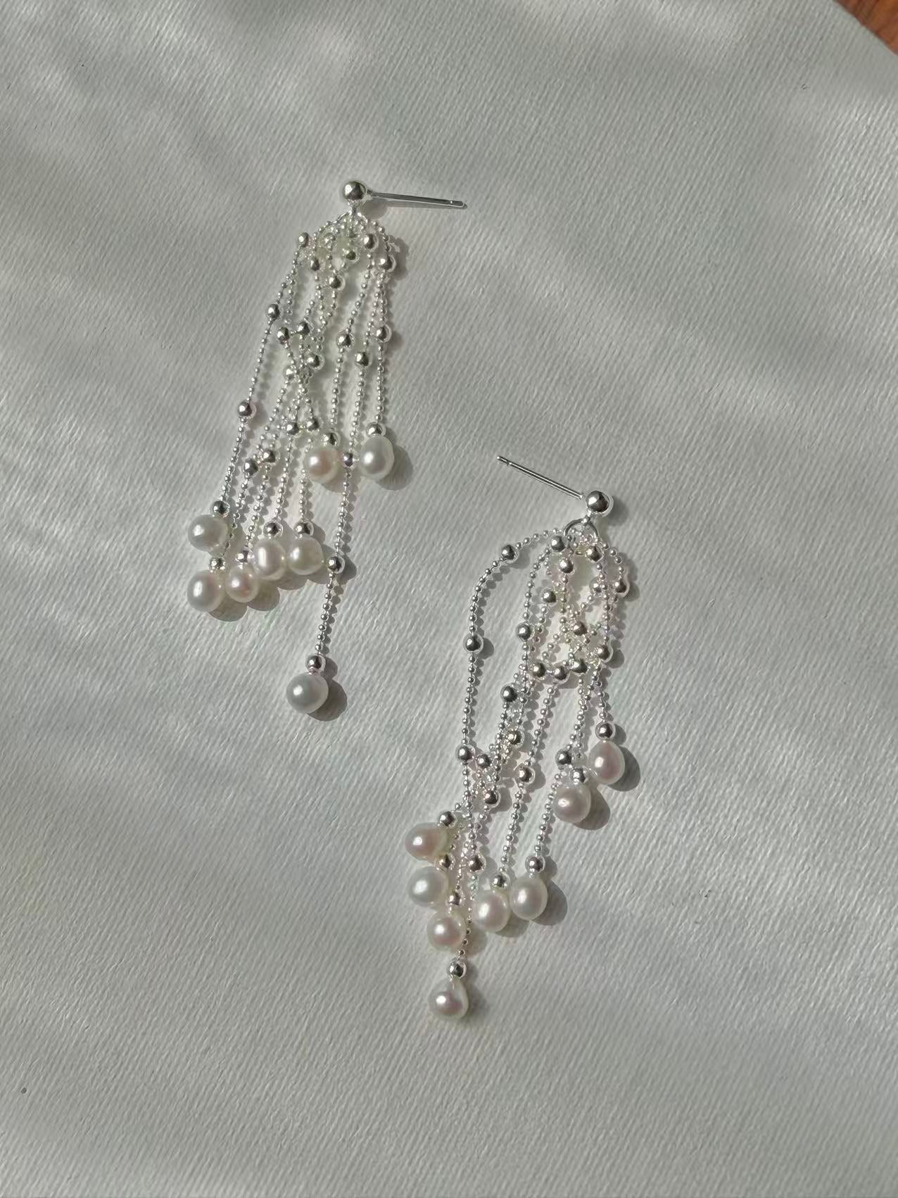 Pearl Waterfall Earrings Long Multi Strand Tassel Dangles