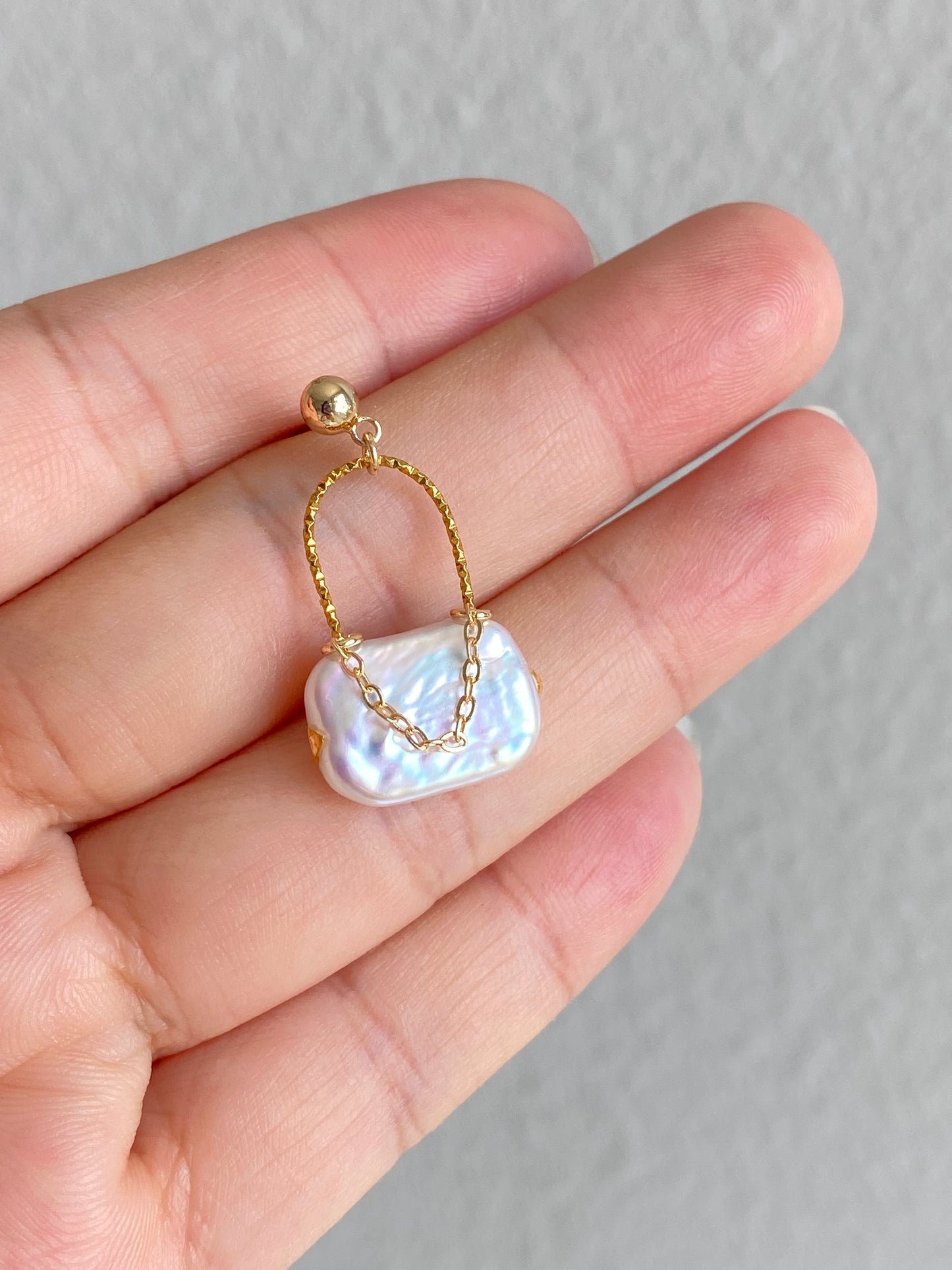 Baroque Pearl Mini Shoulder Bag Earrings  Gold Plated Hoop Purse Dangle Handmade Unique Luster Pearl Statement Jewelry Birthday Gift for Her