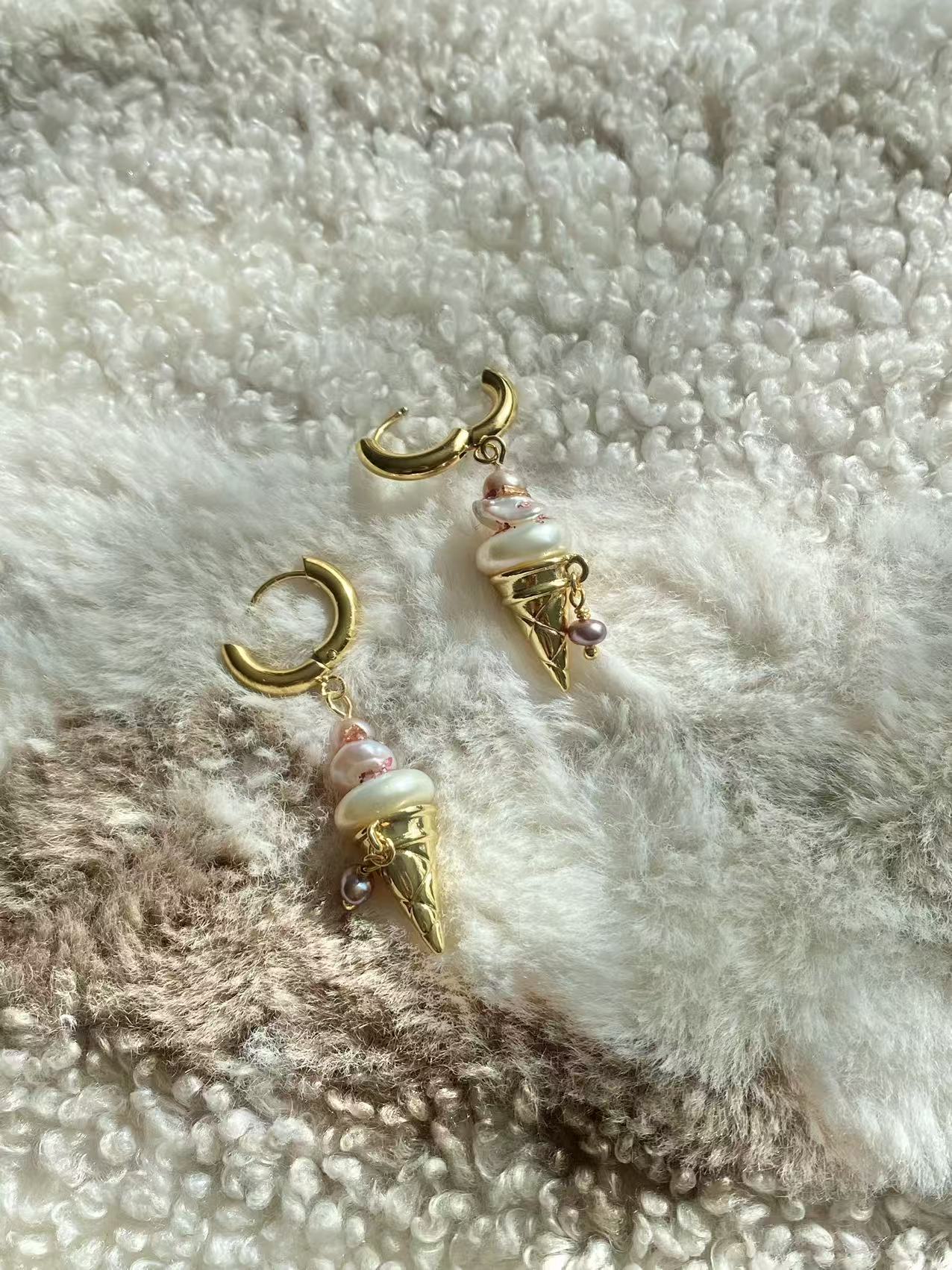 Ice Cream Pearl Drop Earrings Whimsical Gold Huggie Jewelry