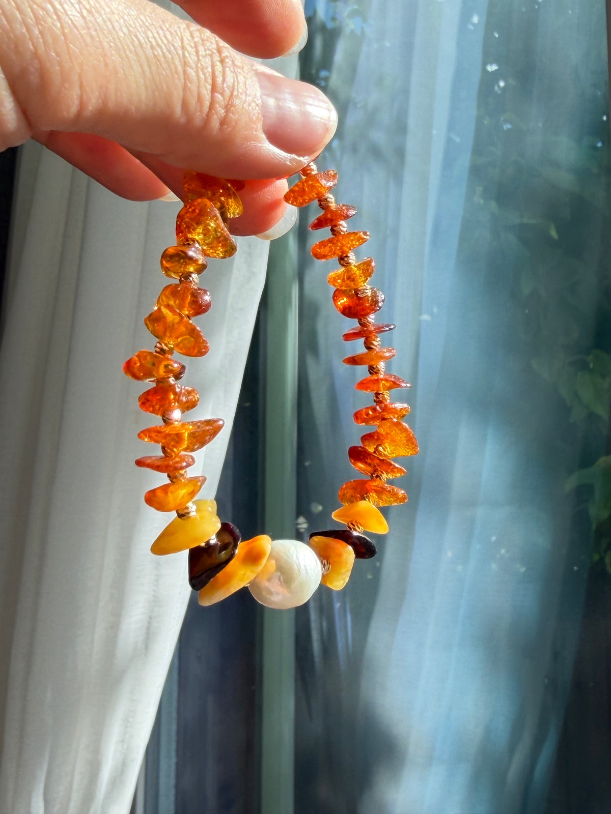 Autumn Fall Color Baltic Amber & Baroque Pearl Stretch Bracelet | Handmade Warm-Tone Jewelry