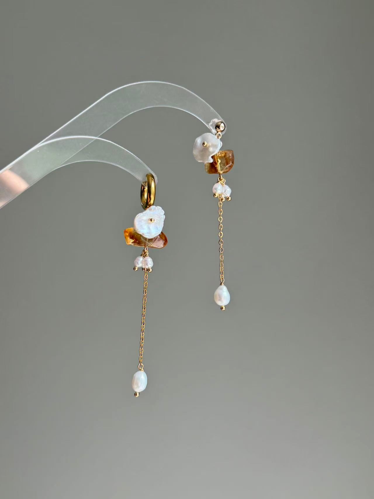 Citrine Baroque Pearl Dangle Earrings Fairycore Gemstone Jewelry