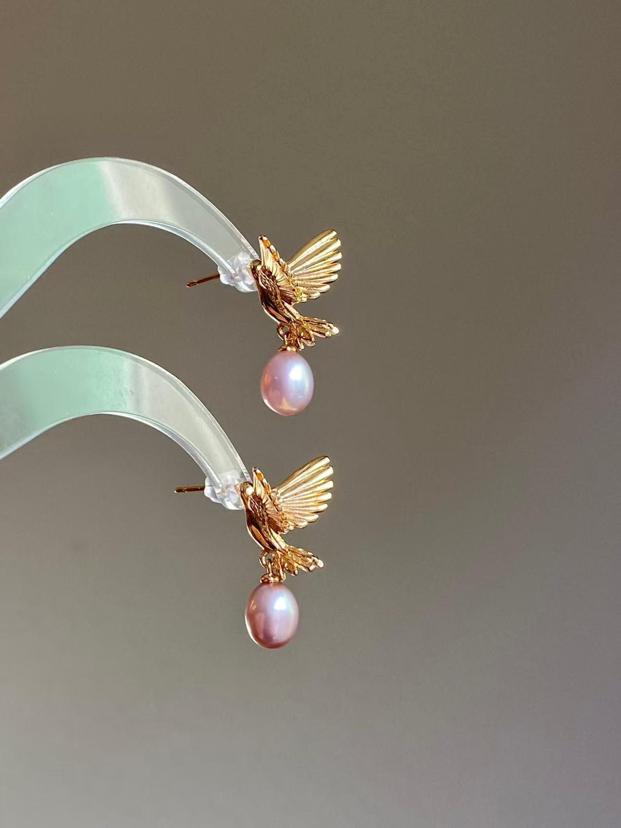 Gold Hummingbird Pearl Drop Earrings Nature Inspired Jewelry