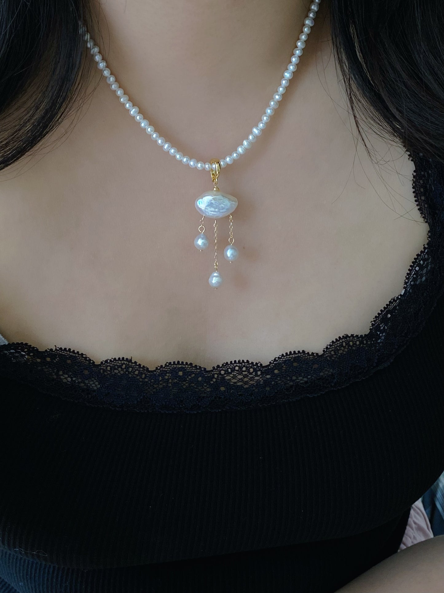 Cloud  Moon Light Baroque Pearl Necklace Pendant Dangling Earrings Multi-Wear Jewelry