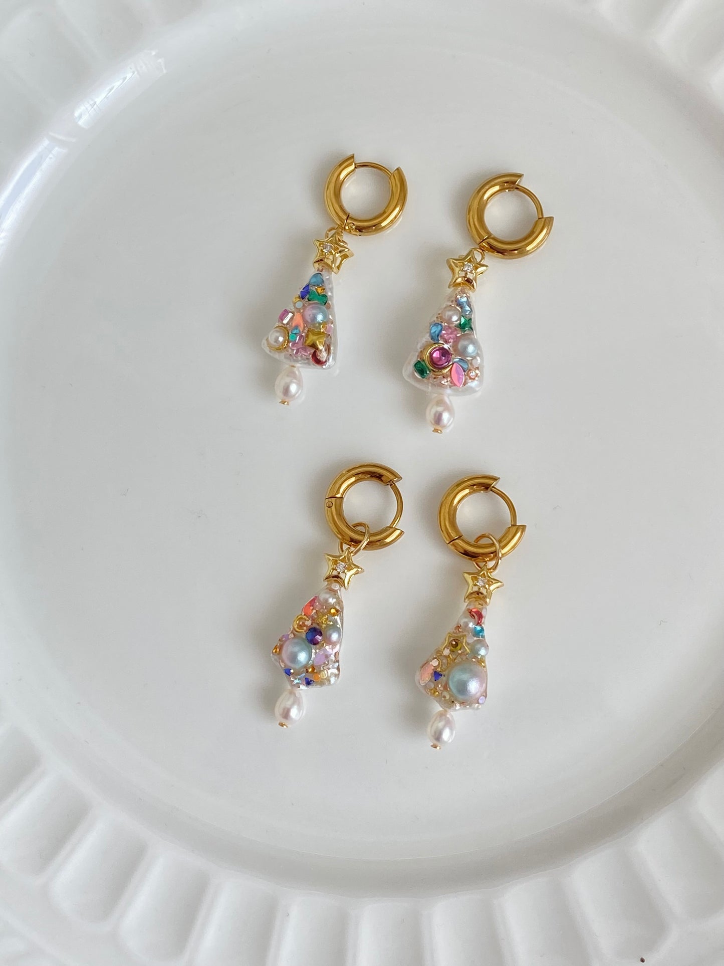 Handmade Christmas Tree Dangle Earrings | Unique Baroque Pearl Drops | Tarnish-Free Hoops