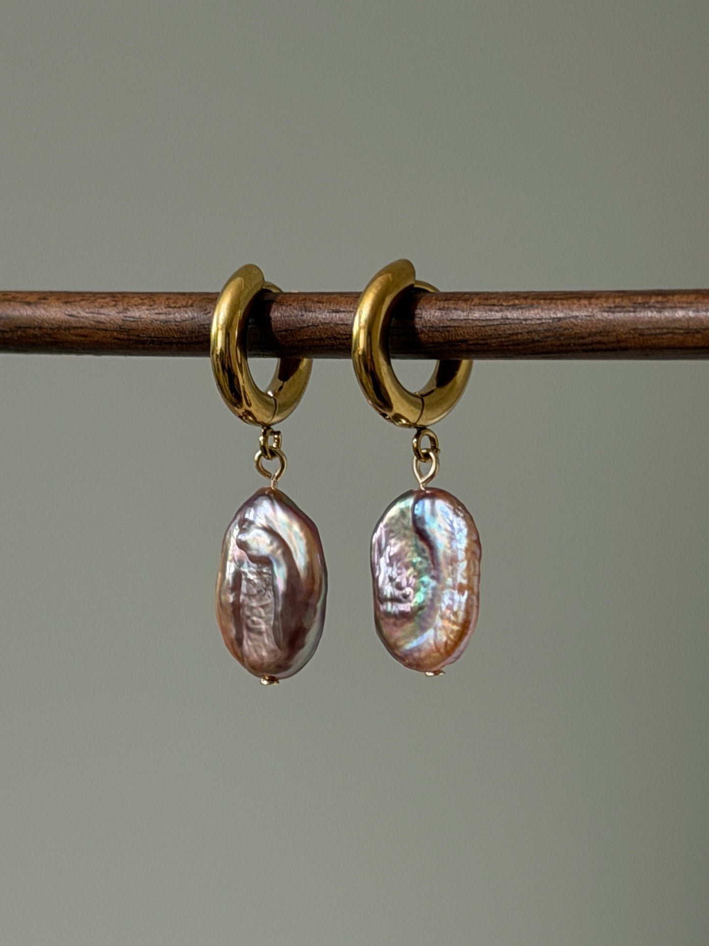 Iridescent Mermaid Pearl Hoop Earrings Baroque Oval Dangles