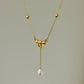Gold Bow Tie Pearl Drop Y Necklace Vintage Romantic Jewelry