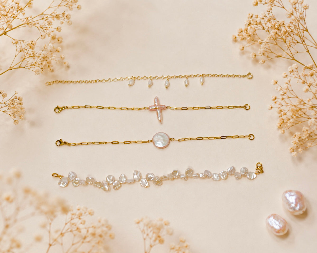 Dainty Keshi Pearl Charm Bracelet | 14K Gold Filled Lace Chain