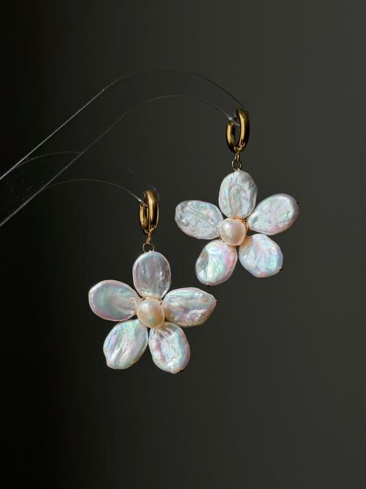 Cherry Blossom Baroque Pearl Earrings Jumbo Chunky Floral Dangle Earrings Handmade Statement Flower Pearl Earrings Spring Jewelry Gift