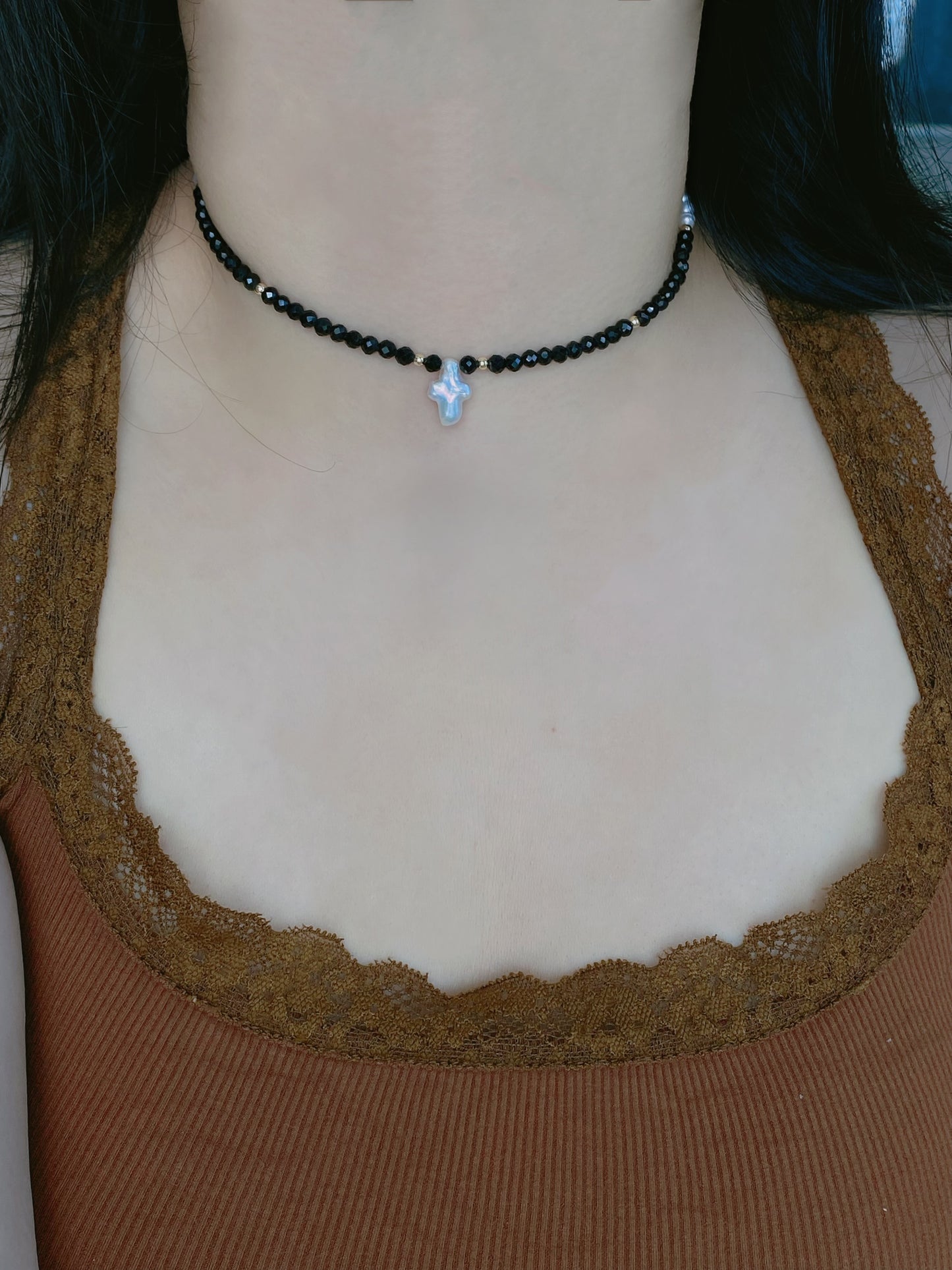 Black Spinel & Pearl Cross Necklace | Multi-Wear Double Bracelet | Tarnish-Free Gold - Your Brand