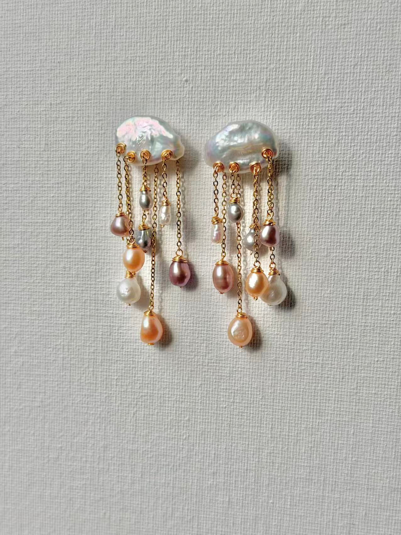 Rainstorm Hand-Drilled Pearl Cloud Earrings | Hand-woven Raindrop Jewelry