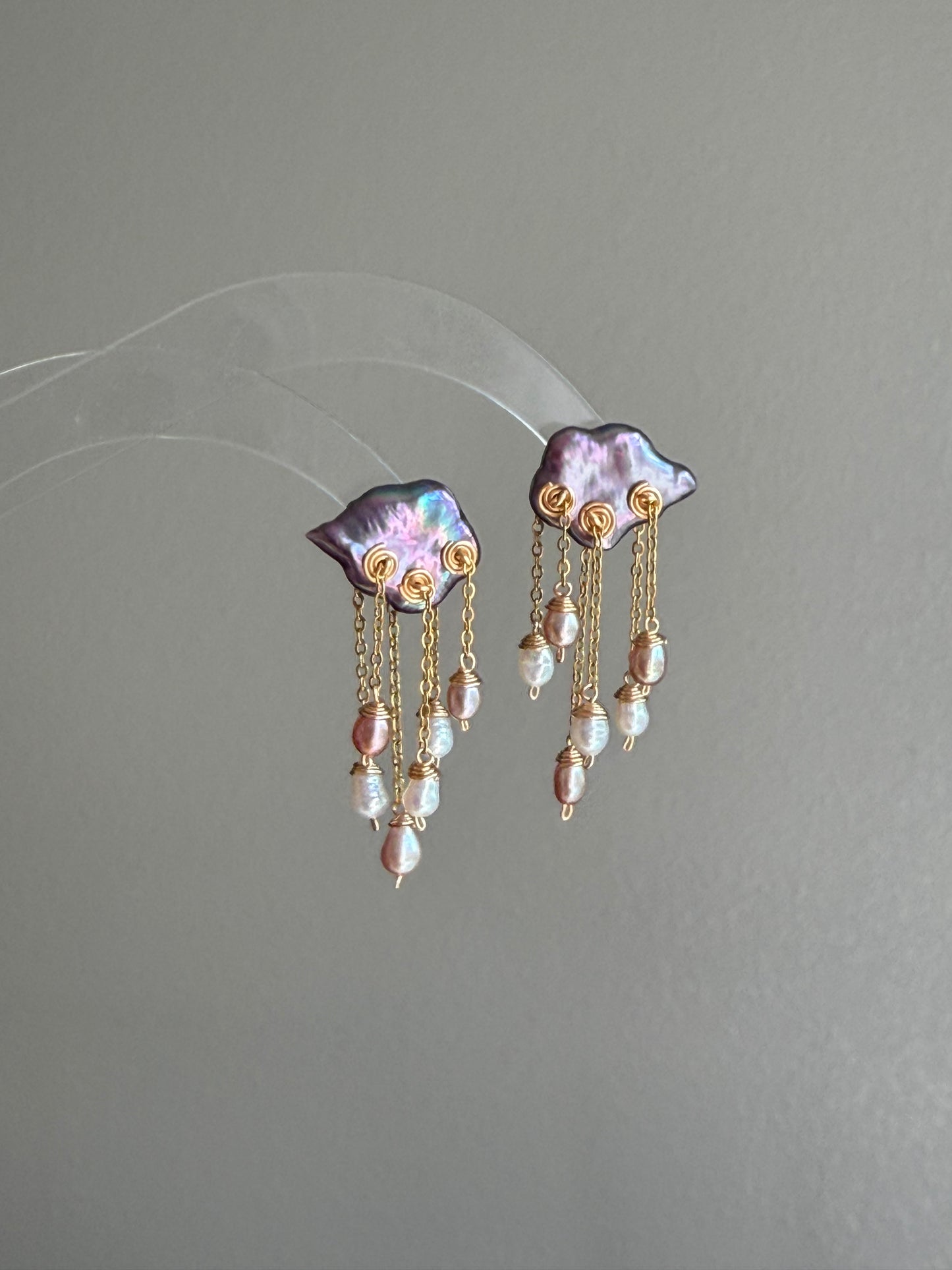 Midnight Deluge Hand-Drilled Pearl Cloud Earrings | Hand-woven Raindrop Jewelry