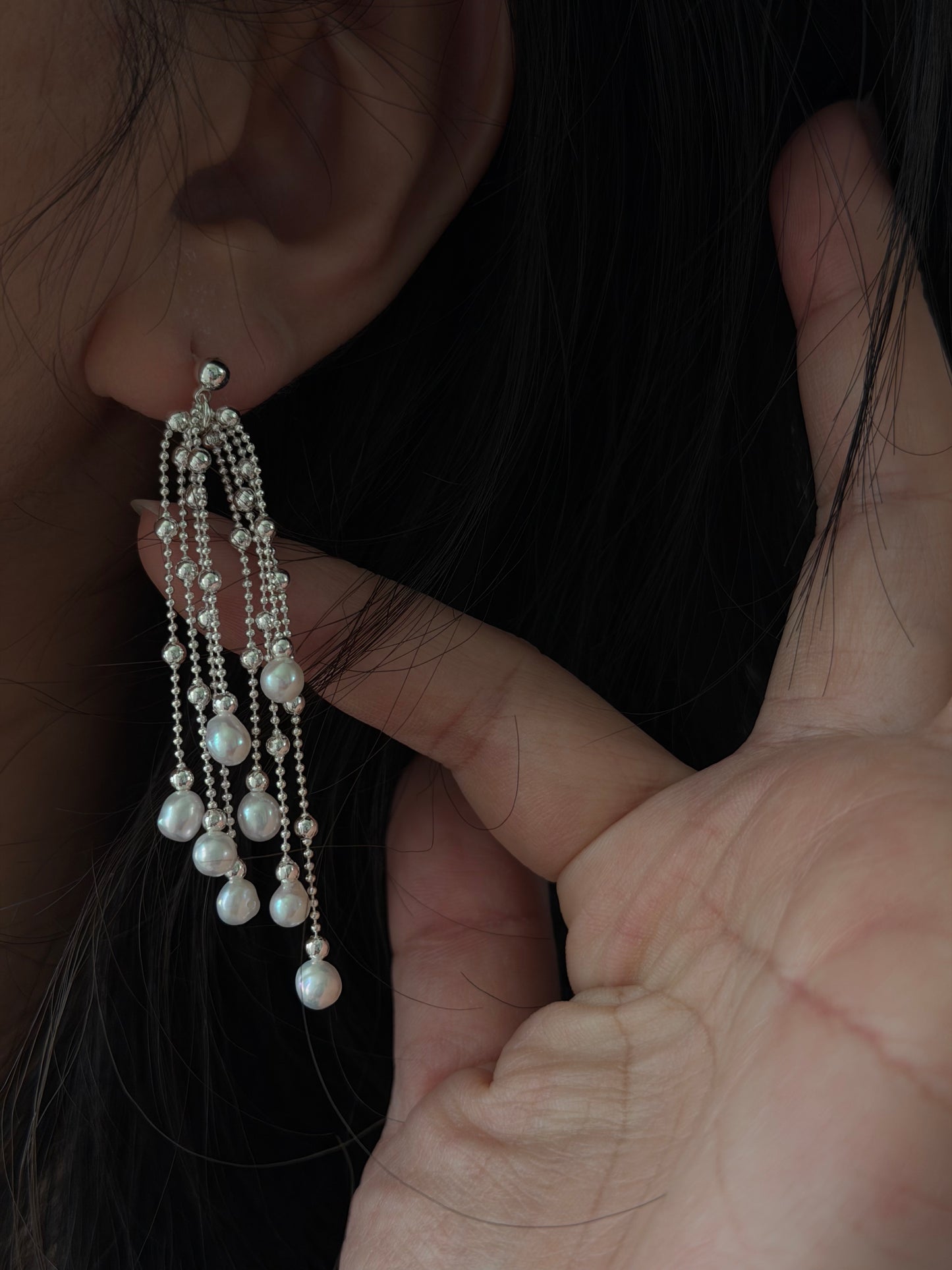 Pearl Waterfall Earrings Long Multi Strand Tassel Dangles