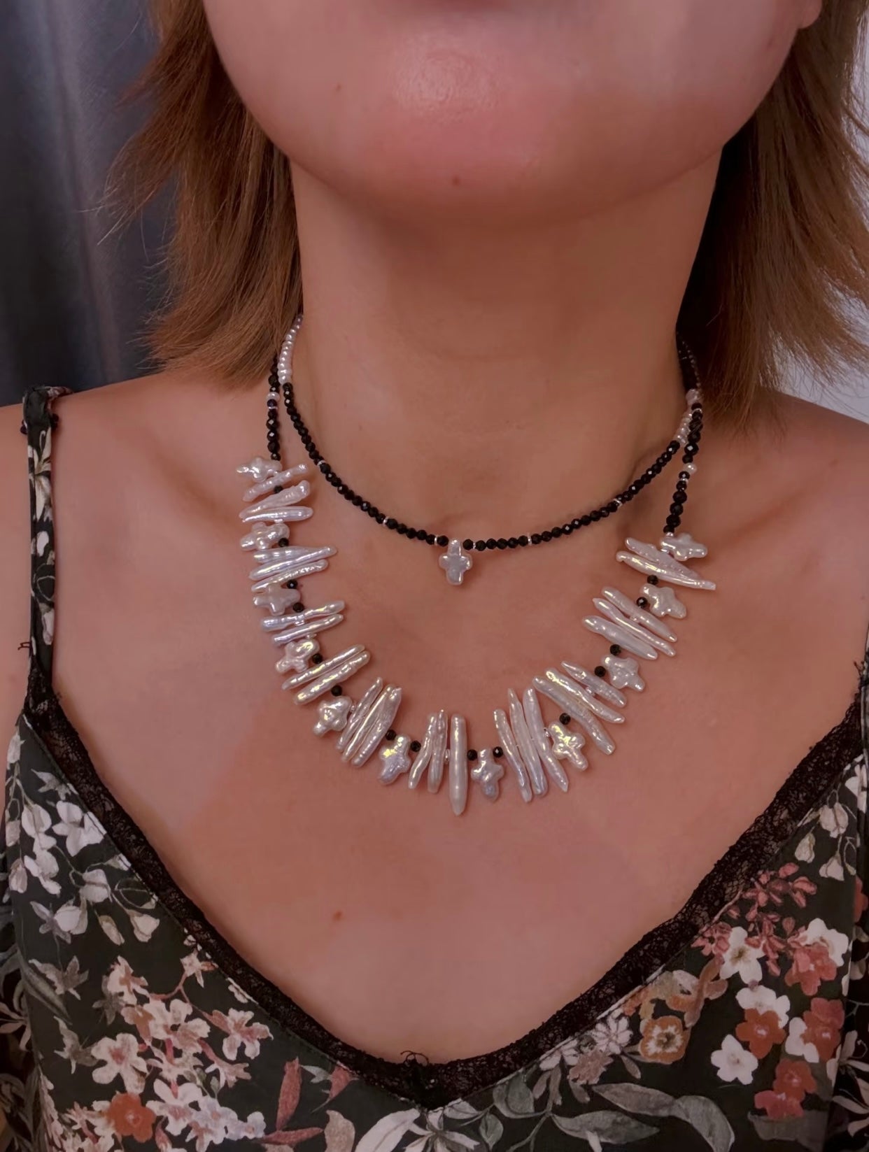 Black Spinel & Pearl Cross Necklace | Multi-Wear Double Bracelet | Tarnish-Free Gold - Your Brand