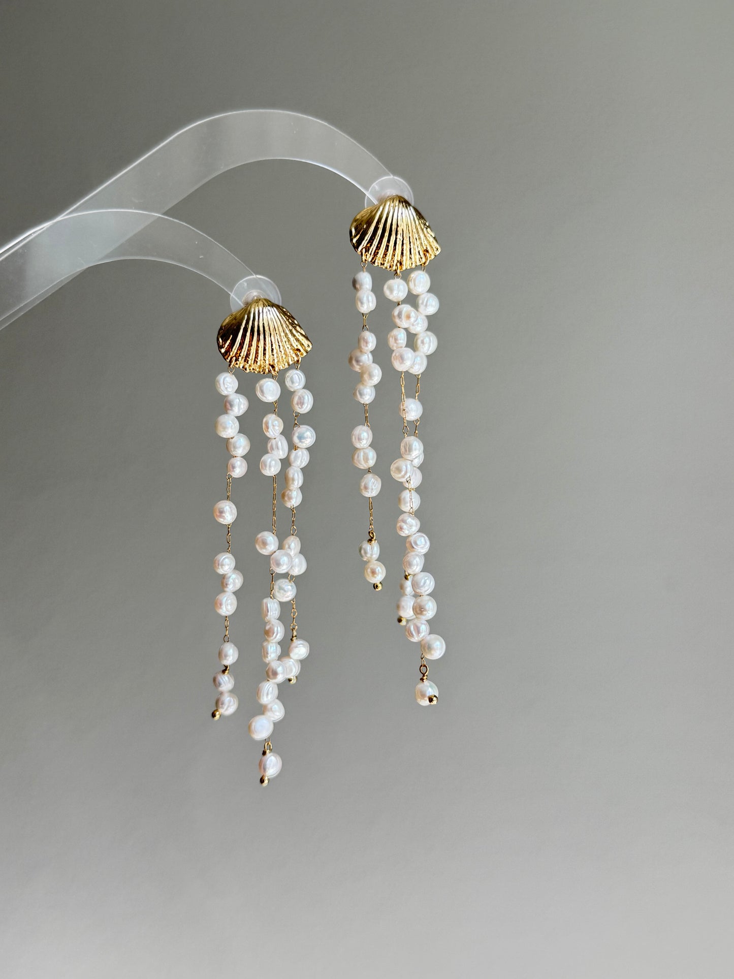 Ocean Breeze 14K Gold filled Shell baroque Keshi pearl tassel long Earring