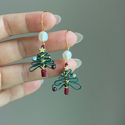 Christmas Tree Earrings & Necklace Set, Festive Beaded Jewelry, Holiday Gift, Baroque Pearl Charm, Christmas Jewelry for Women