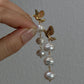 Baroque Triple Pearl Drop Earrings with Gold Hummingbird Studs – Elegant Nature-Inspired Statement Weddings Earrings