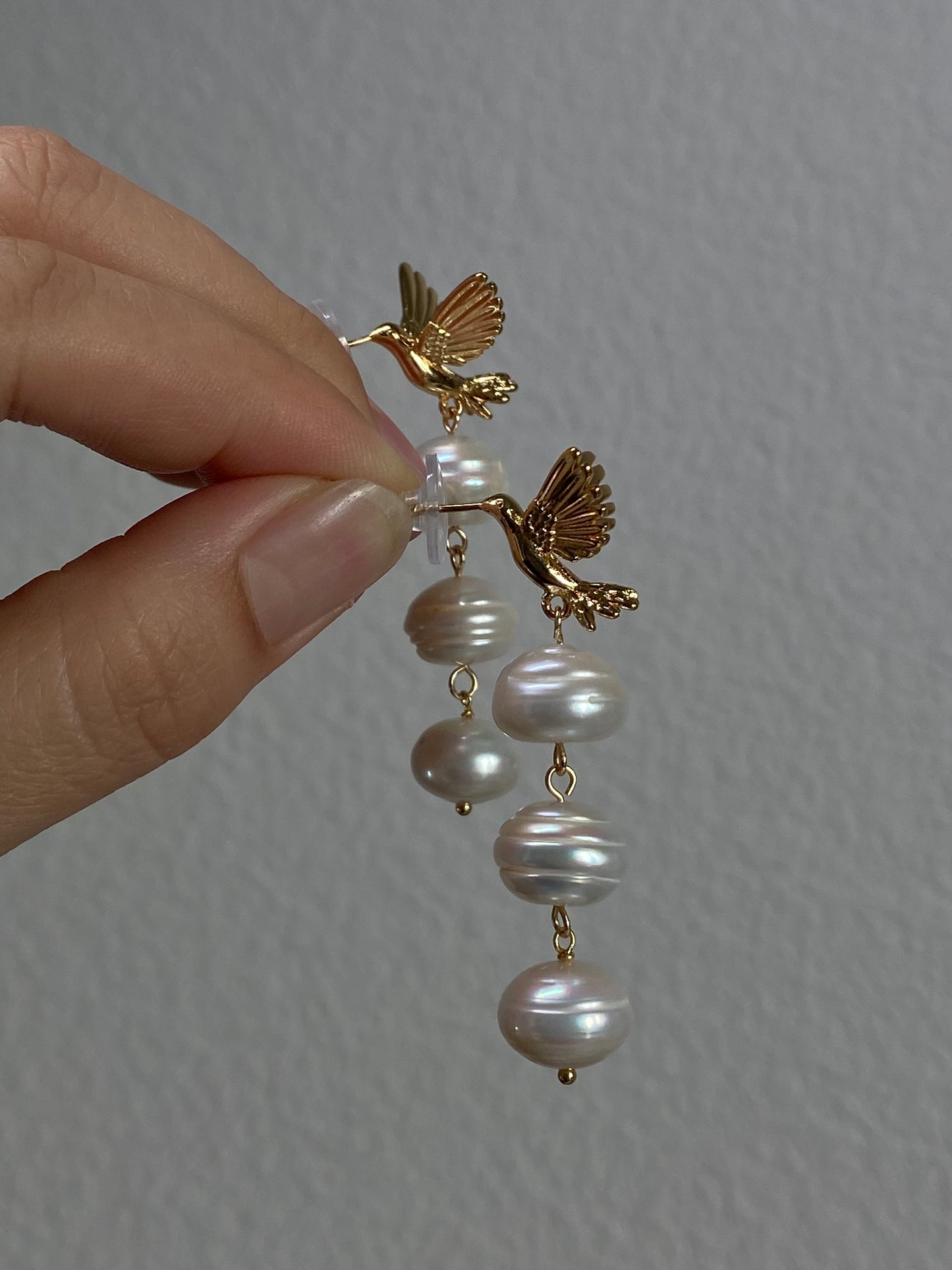 Baroque Triple Pearl Drop Earrings with Gold Hummingbird Studs – Elegant Nature-Inspired Statement Weddings Earrings
