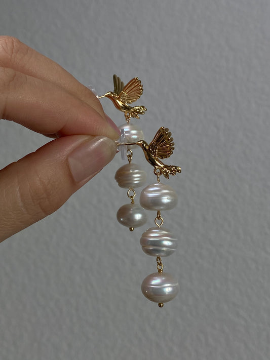 Baroque Triple Pearl Drop Earrings with Gold Hummingbird Studs – Elegant Nature-Inspired Statement Weddings Earrings