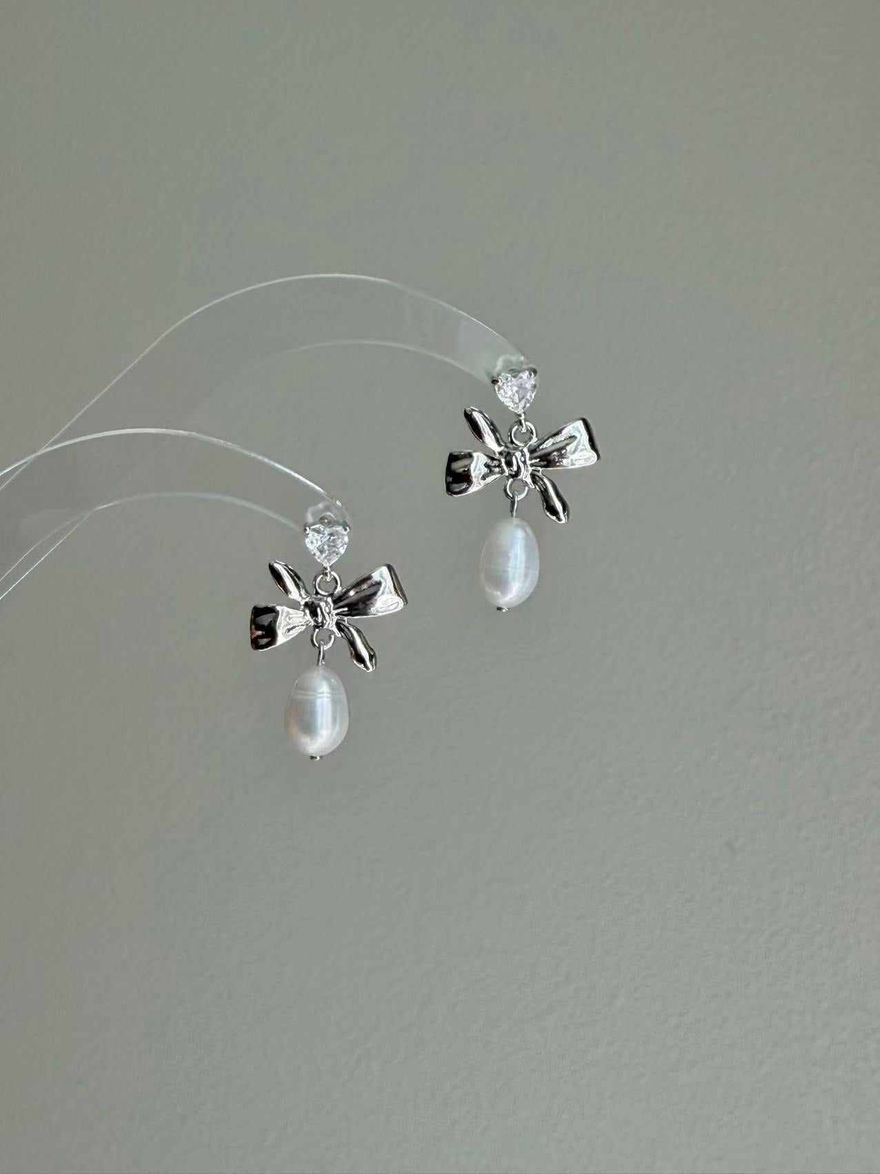 Heart Zirconia Bow Pearl Earrings Vintage Coquette Jewelry