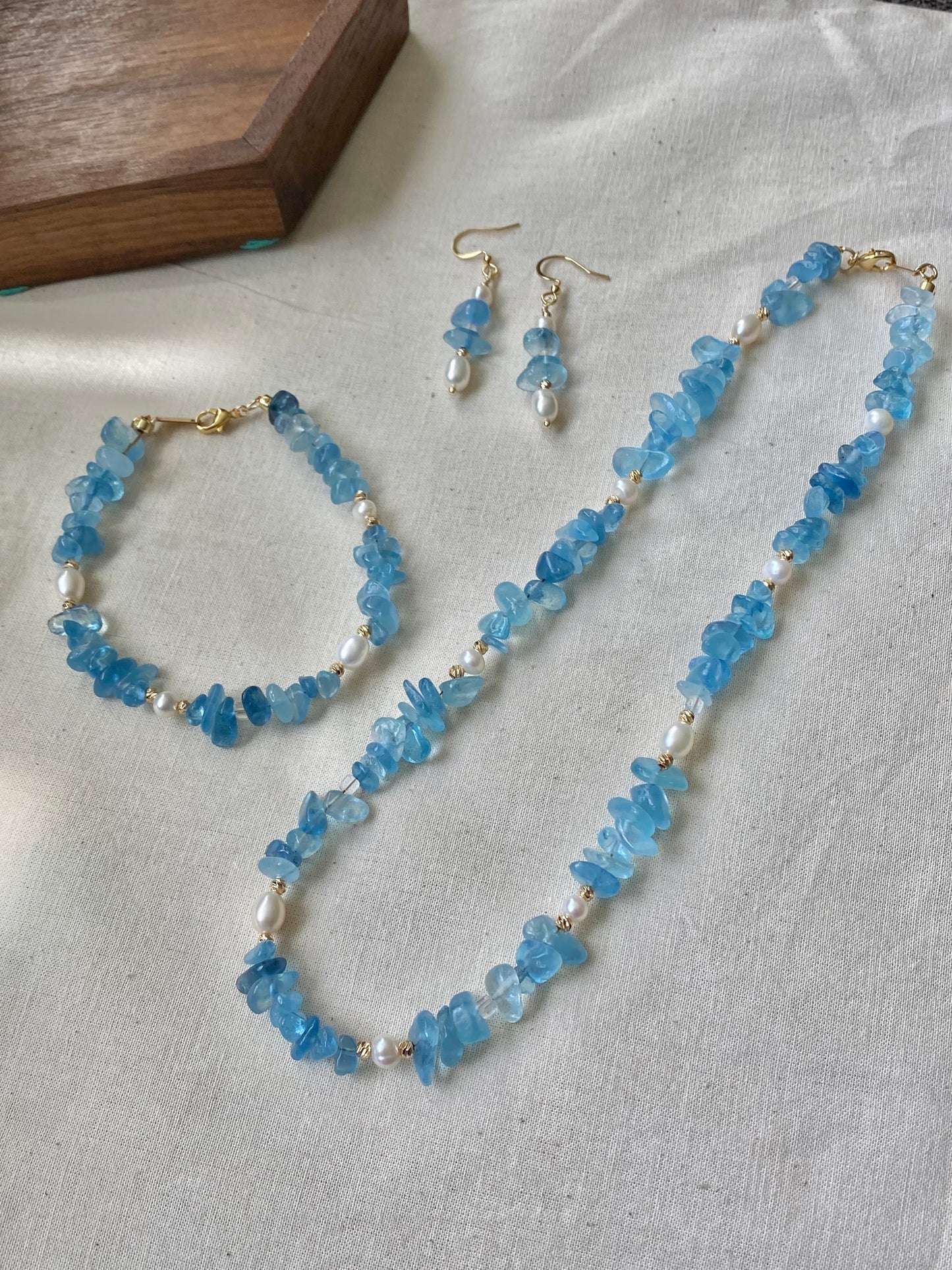 Aquamarine and Pearl Jewelry Necklace Bracelet Earrings 3 Piece Set  Convertible Long Necklace March Birthstone Gift for Her Bridesmaid Gift