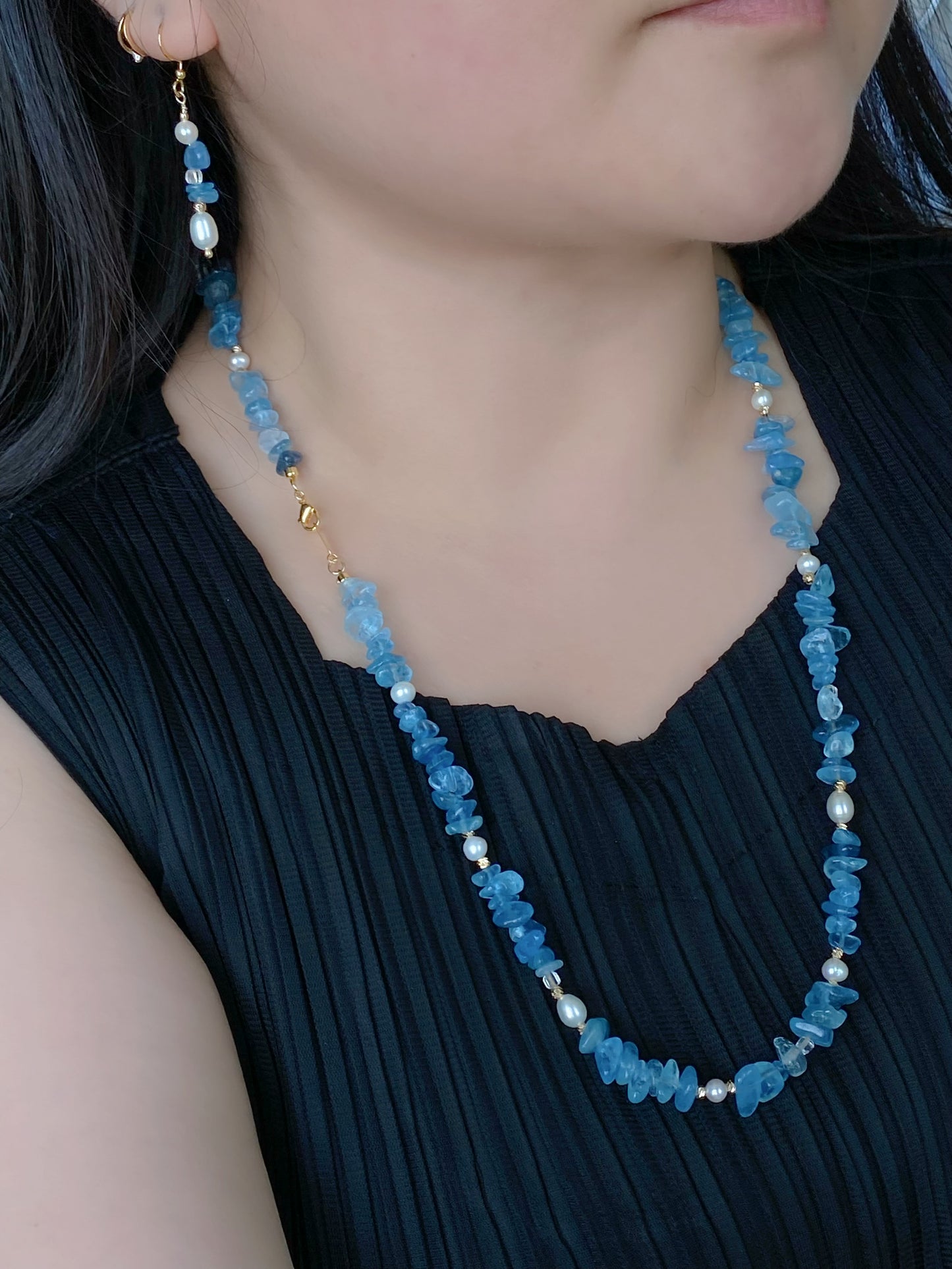 Aquamarine and Pearl Jewelry Necklace Bracelet Earrings 3 Piece Set  Convertible Long Necklace March Birthstone Gift for Her Bridesmaid Gift