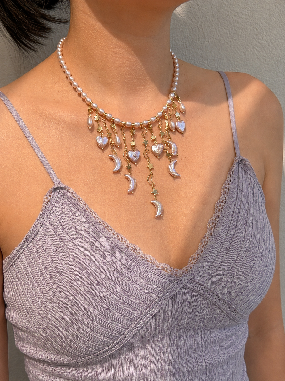 Lavender Baroque Pearl Necklace, Moon Star Heart Charm Tassel Jewelry-LUNARIA