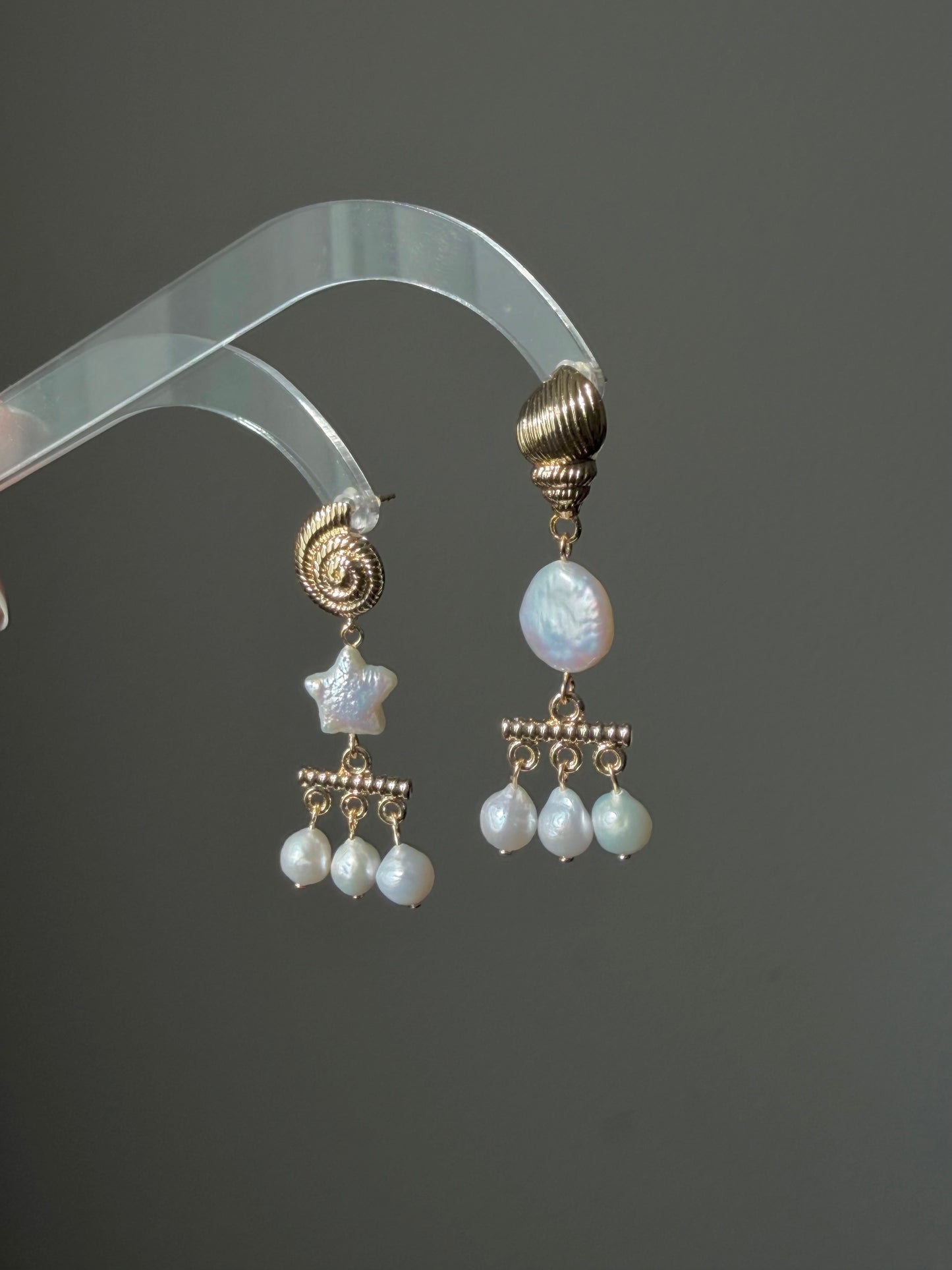 Unique Sun & Starfish Pearl Earrings, Baroque Star Pearl Chandelier, Nautical Gold Shell Dangles, Mermaid Core Jewelry, Ocean Gift for Her