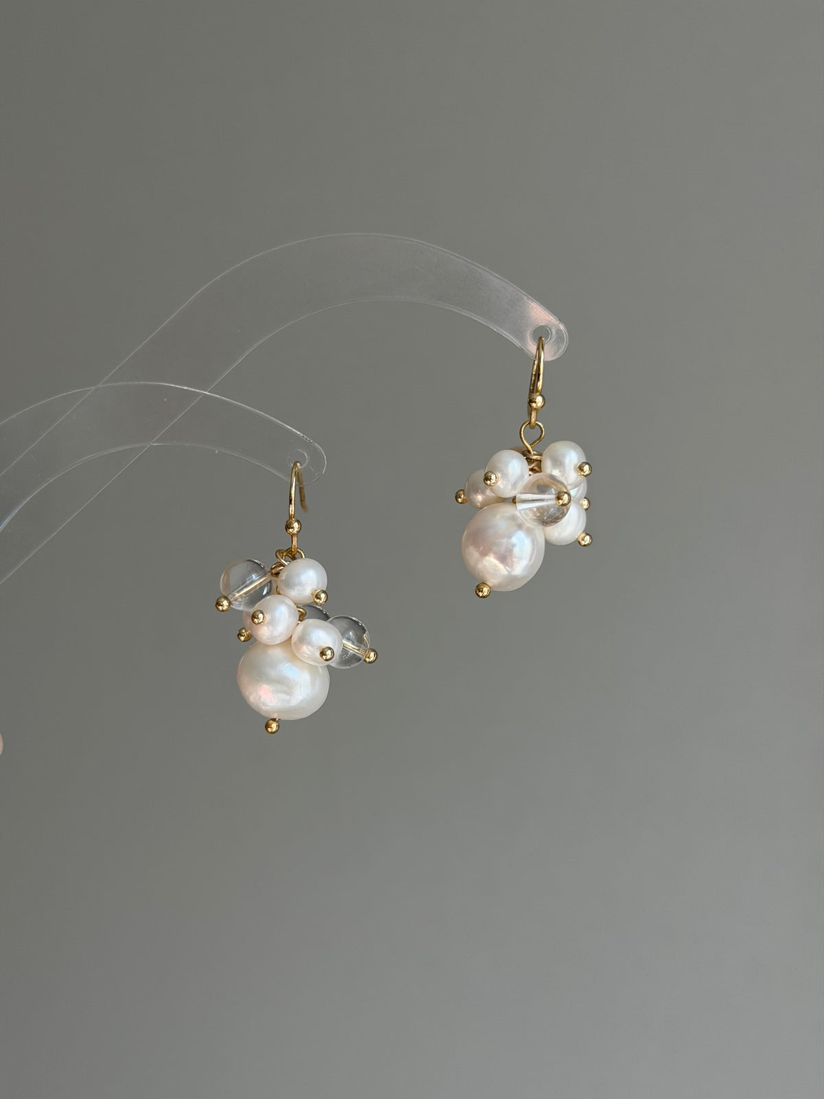 Clear Quartz & Baroque Pearl Bubble Cluster Earrings – 14k Gold Filled