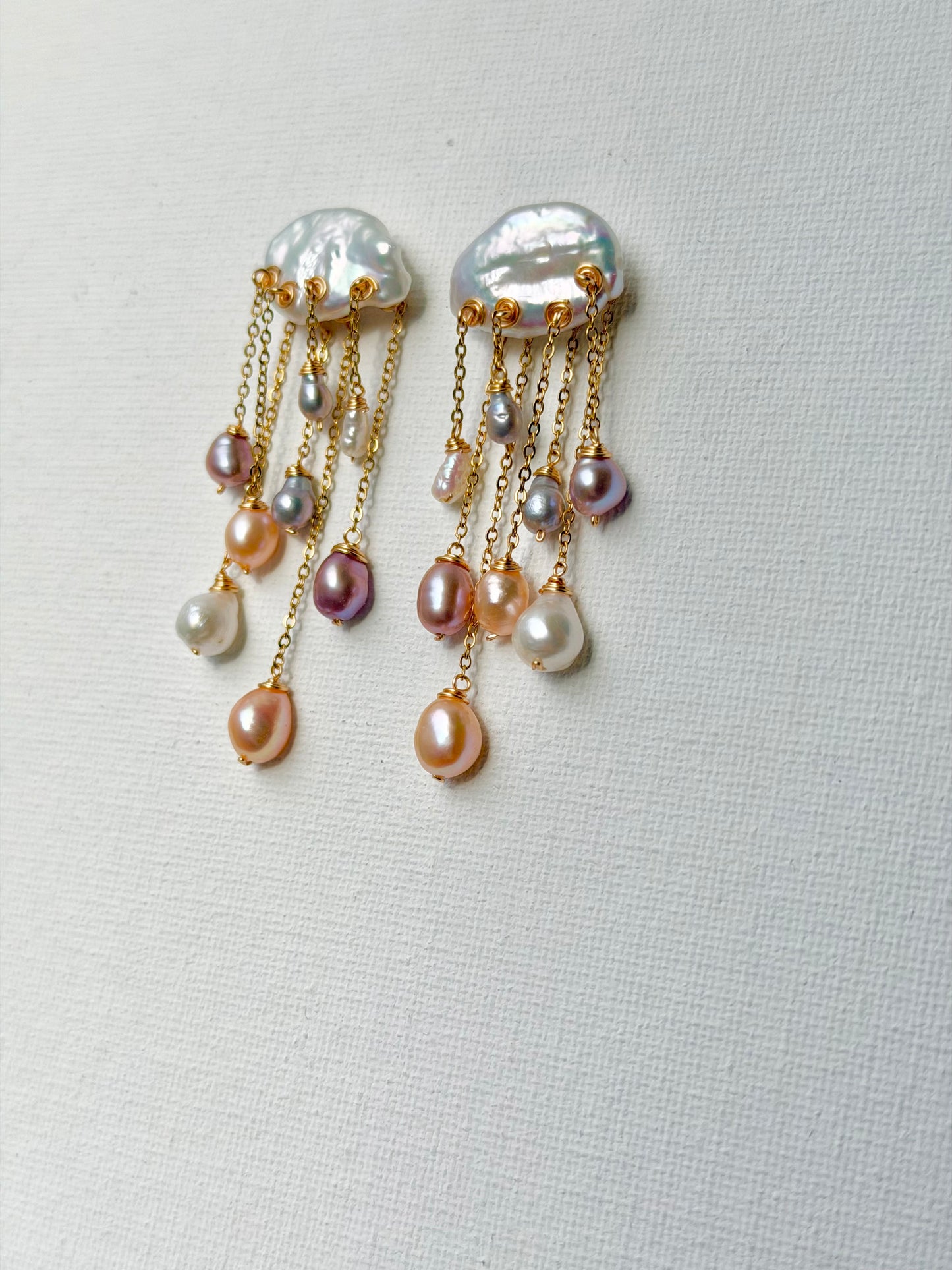 Rainstorm Hand-Drilled Pearl Cloud Earrings | Hand-woven Raindrop Jewelry
