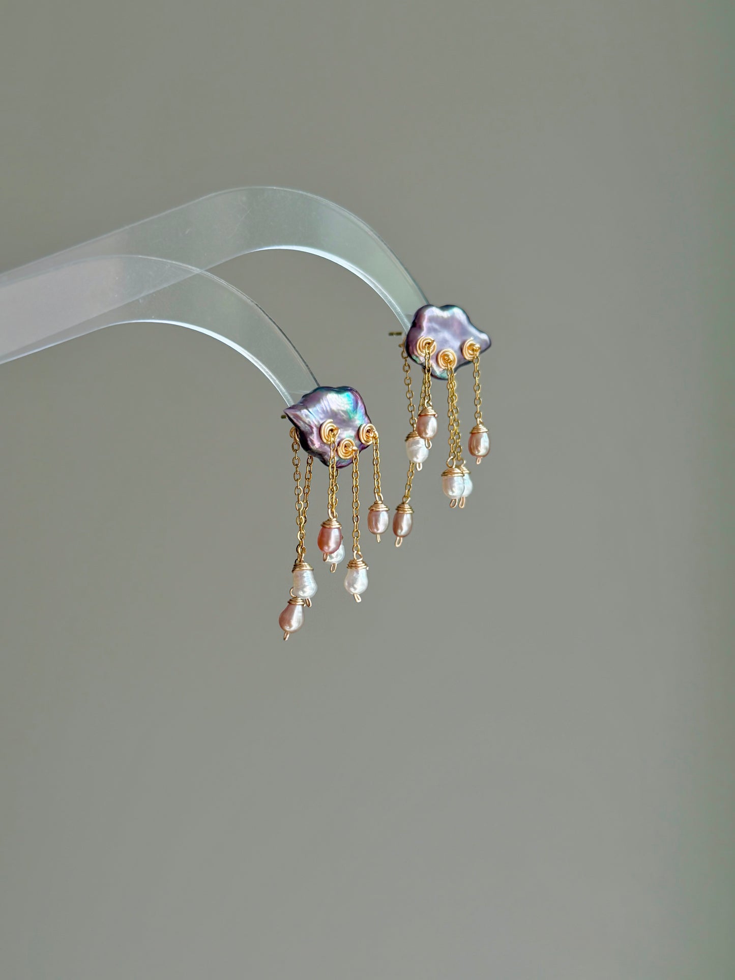 Midnight Deluge Hand-Drilled Pearl Cloud Earrings | Hand-woven Raindrop Jewelry