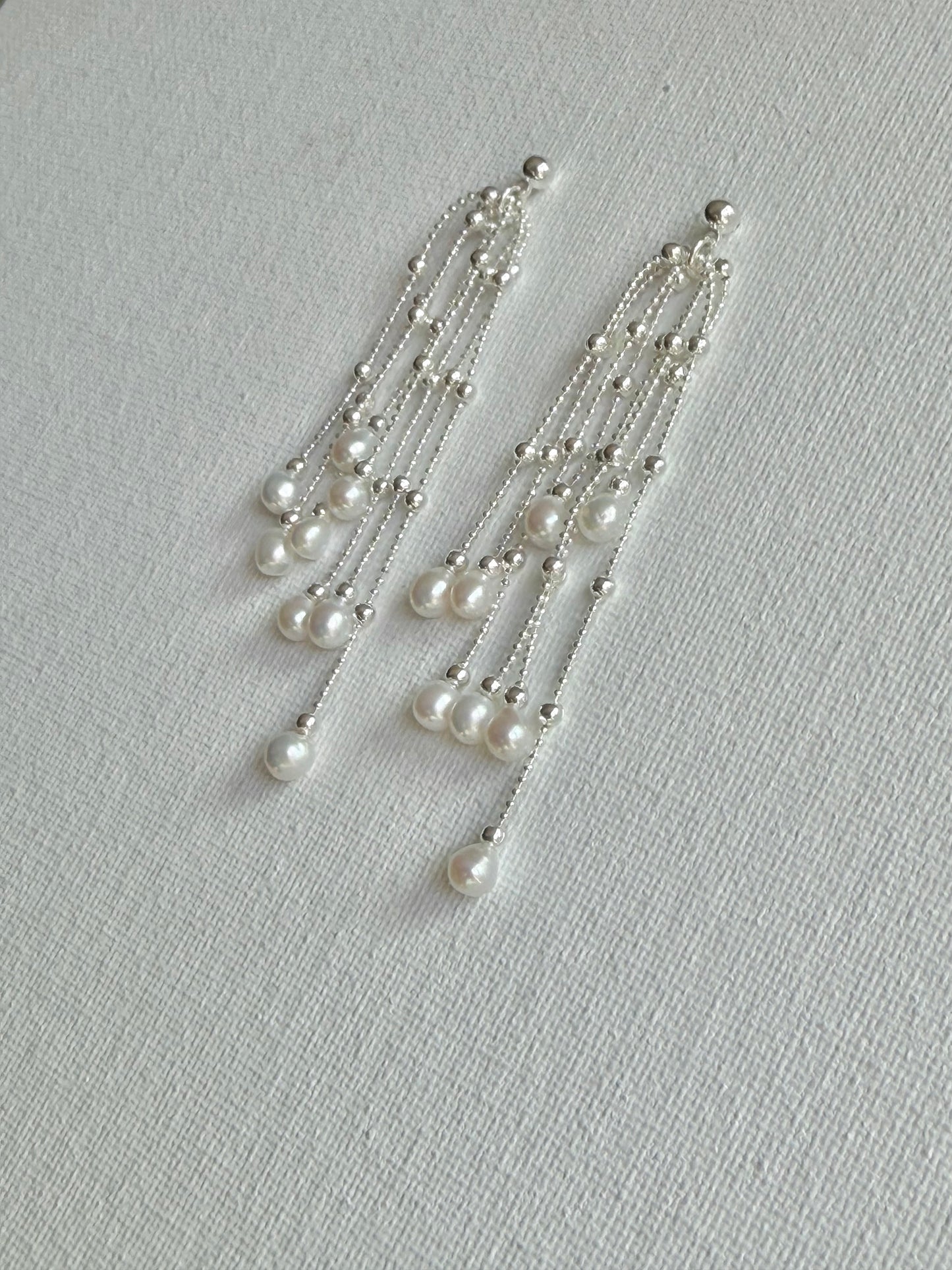 Pearl Waterfall Earrings Long Multi Strand Tassel Dangles