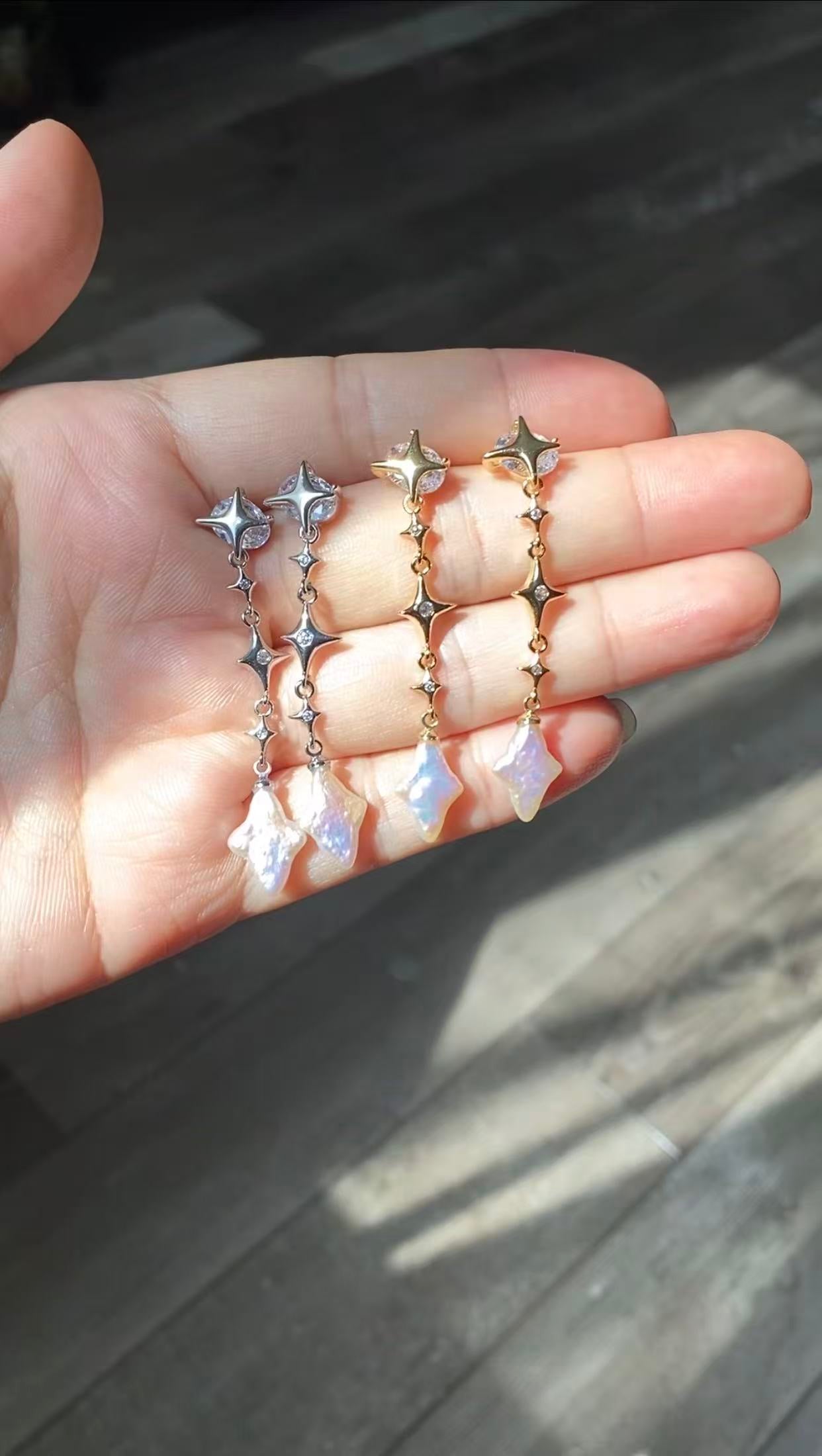 Baroque Cross Pearl Drop Earrings Gold Silver Star Dangle Studs