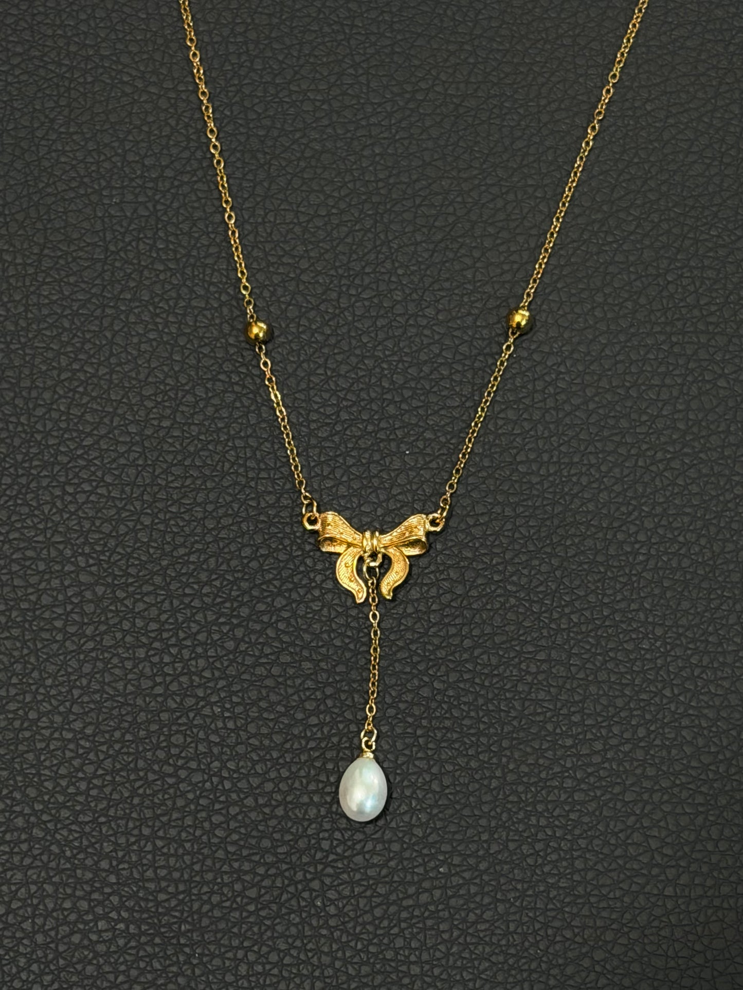 Gold Bow Tie Pearl Drop Y Necklace Vintage Romantic Jewelry