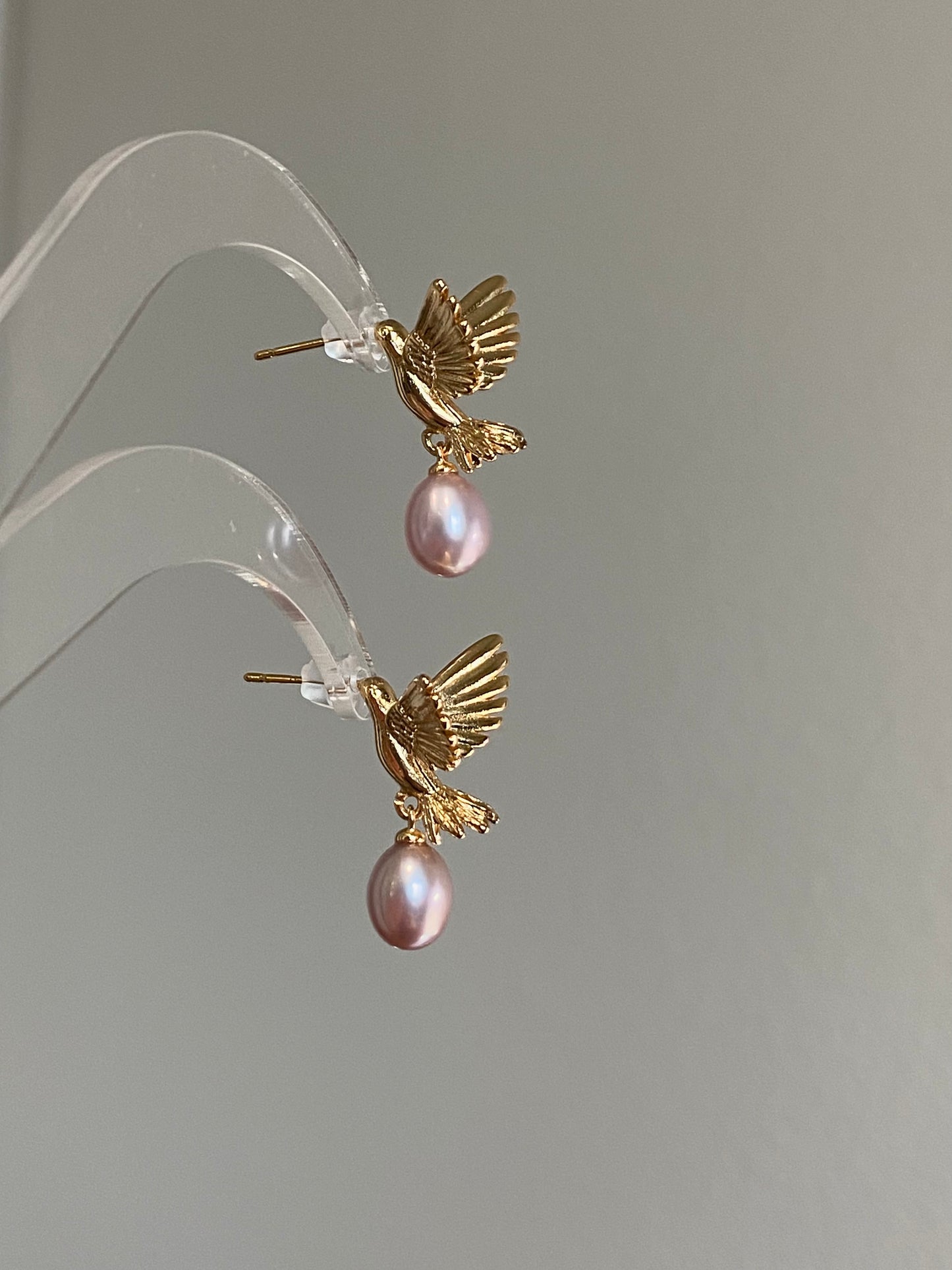 Gold Hummingbird Pearl Drop Earrings Nature Inspired Jewelry