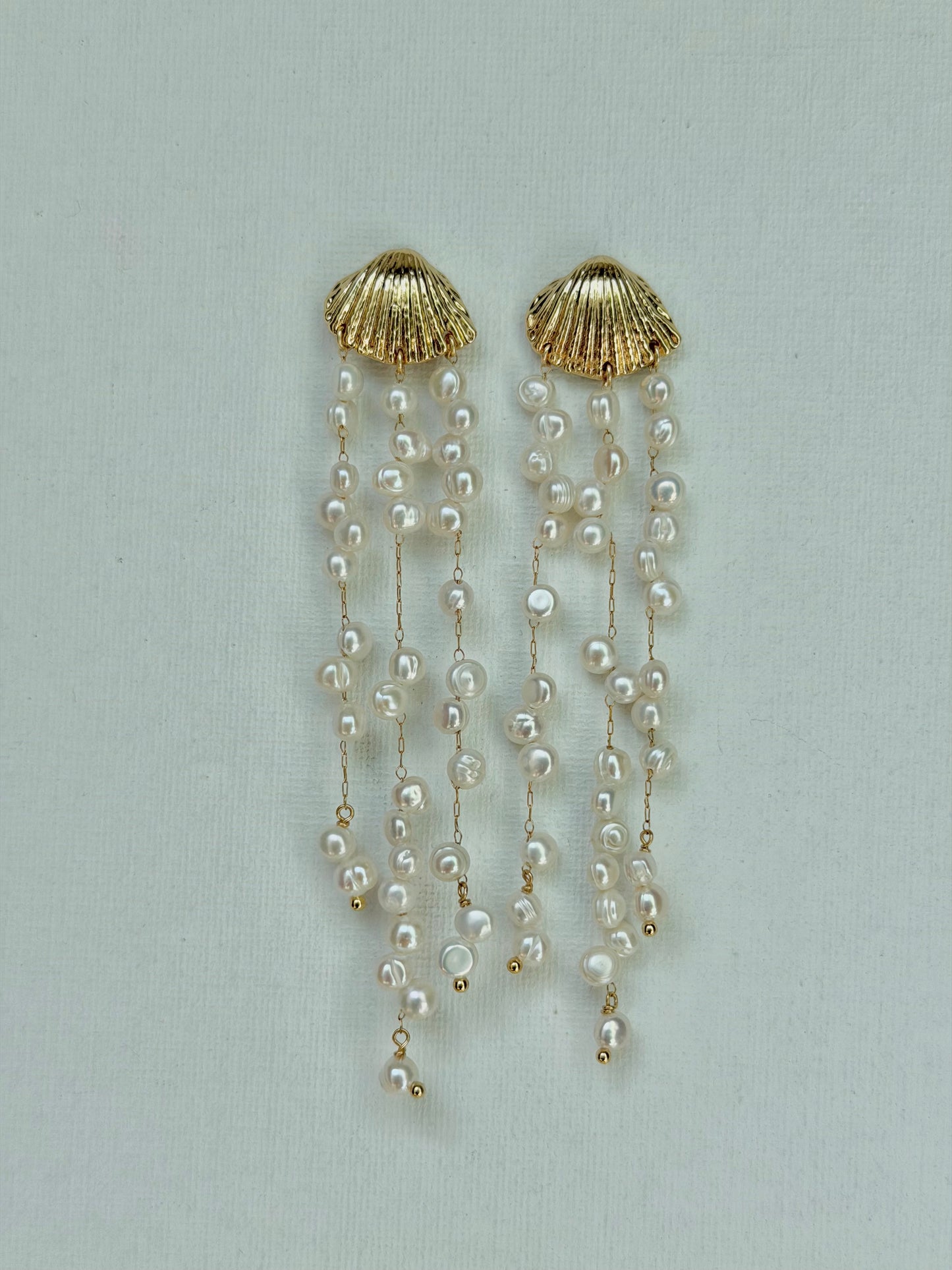 Ocean Breeze 14K Gold filled Shell baroque Keshi pearl tassel long Earring