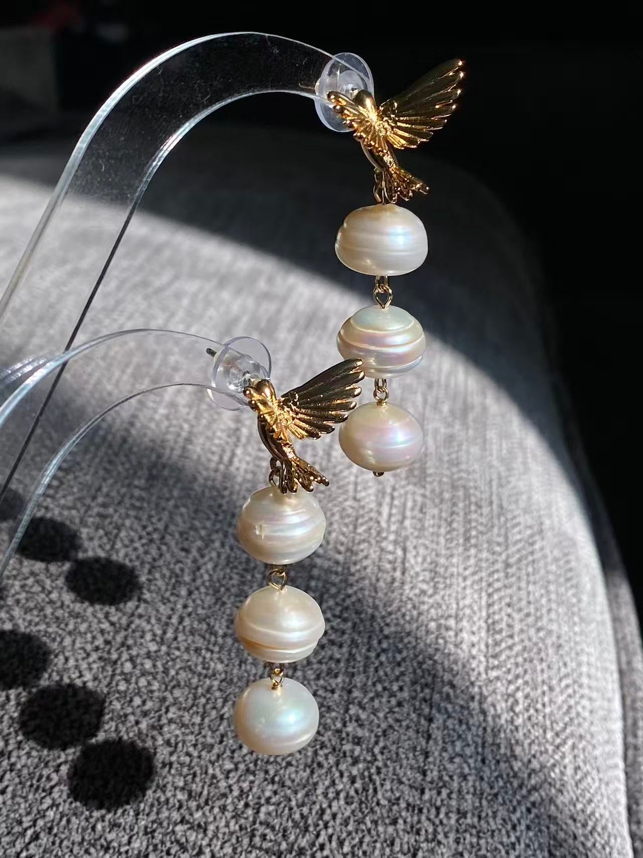 Triple Baroque Pearl Drop Earrings Gold Hummingbird Jewelry
