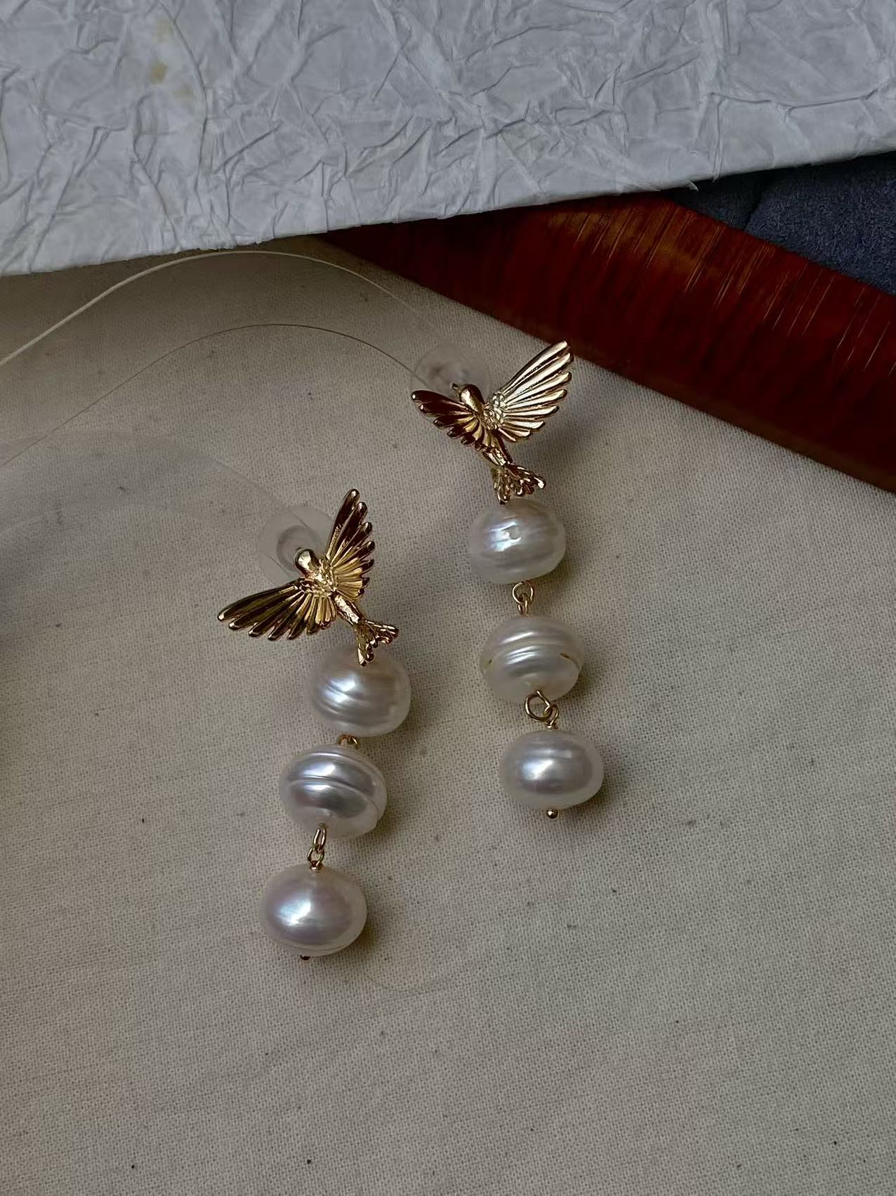 Triple Baroque Pearl Drop Earrings Gold Hummingbird Jewelry