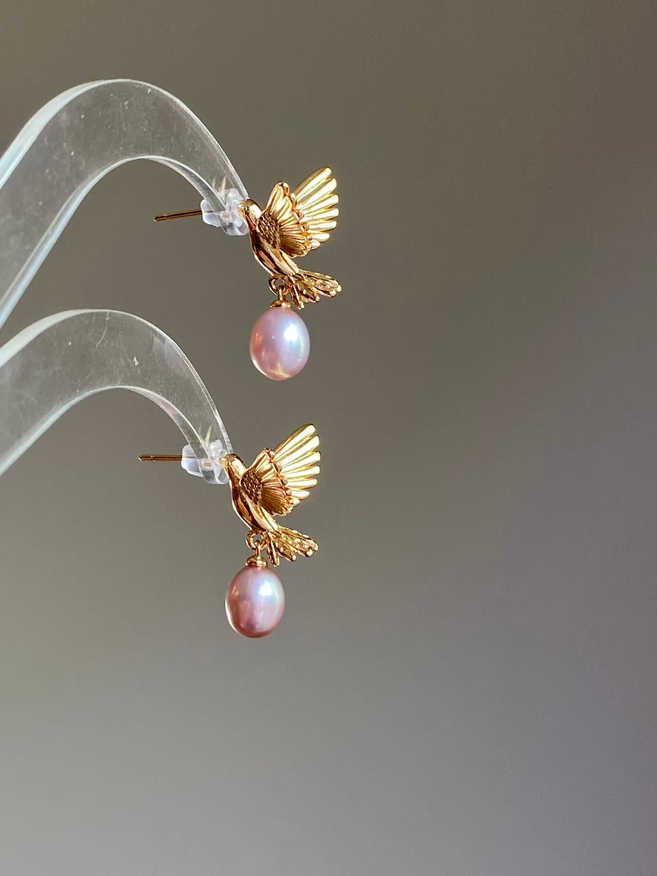 Gold Hummingbird Pearl Drop Earrings Nature Inspired Jewelry