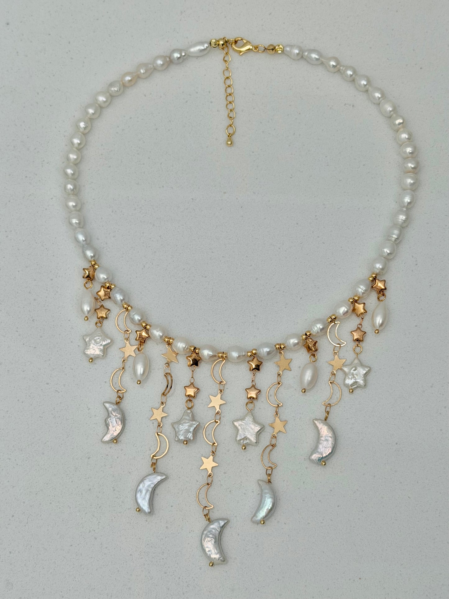 Moon & Star Baroque Pearl Necklace | LUNA Collection, Celestial Freshwater Pearl Fringe Necklace, Handmade Bridal Jewelry