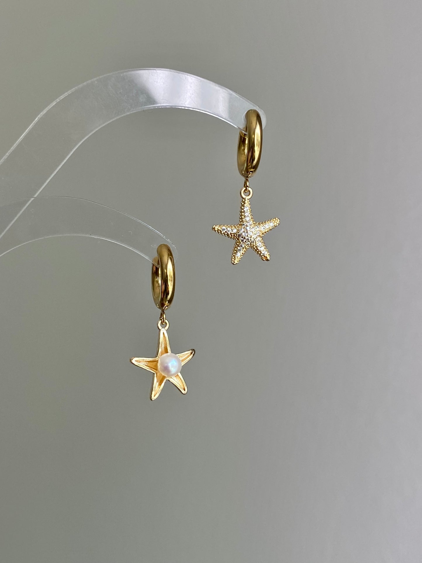 starfish shell Akoya earrings, mismatched earrings, zircon earrings, asymmetrical earrings,  pearl pendant, elegant Dainty gift for her