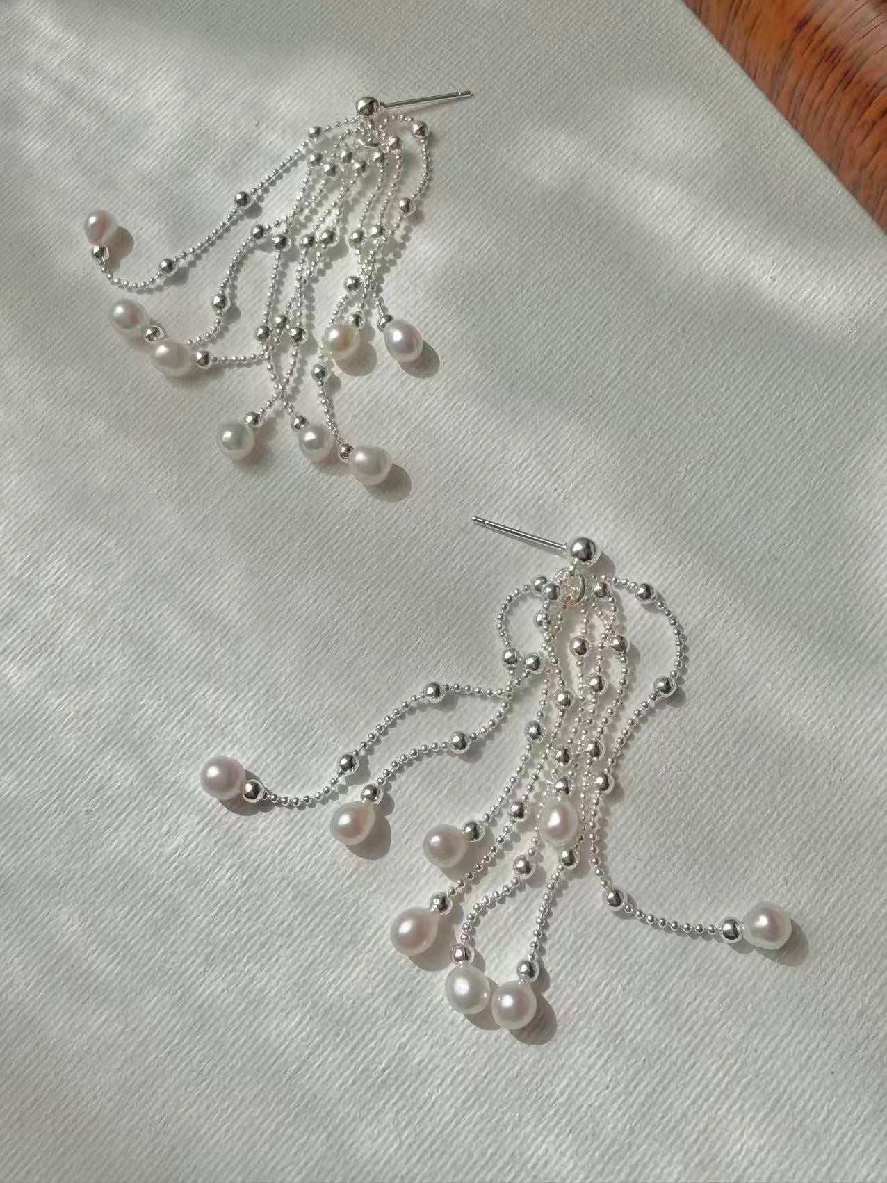 Pearl Waterfall Earrings Long Multi Strand Tassel Dangles